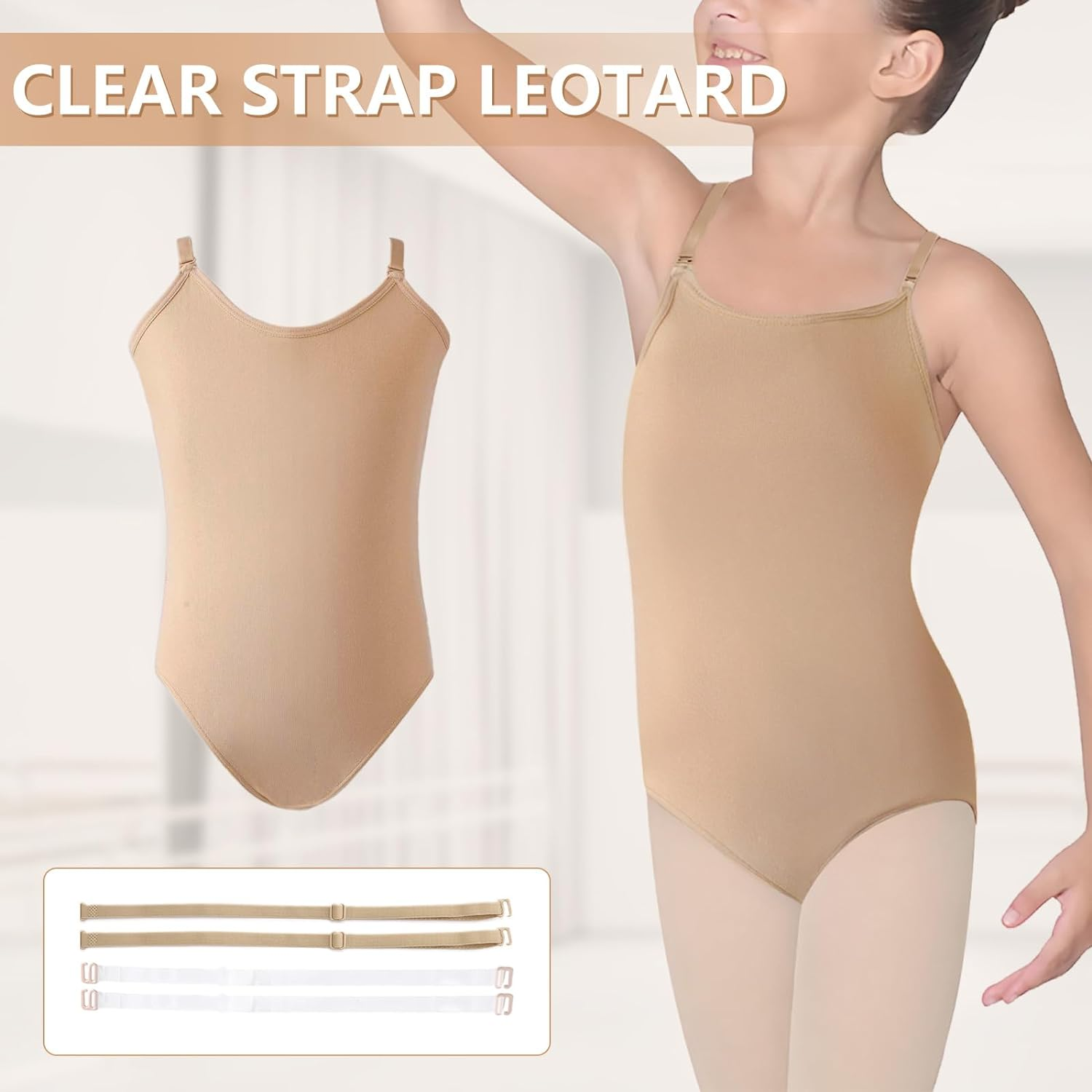 Girls Nude Leotard Seamless Camisole Leotards Undergarment for Ballet Dance Gymnastics with Adjustable Clear Straps image number 4