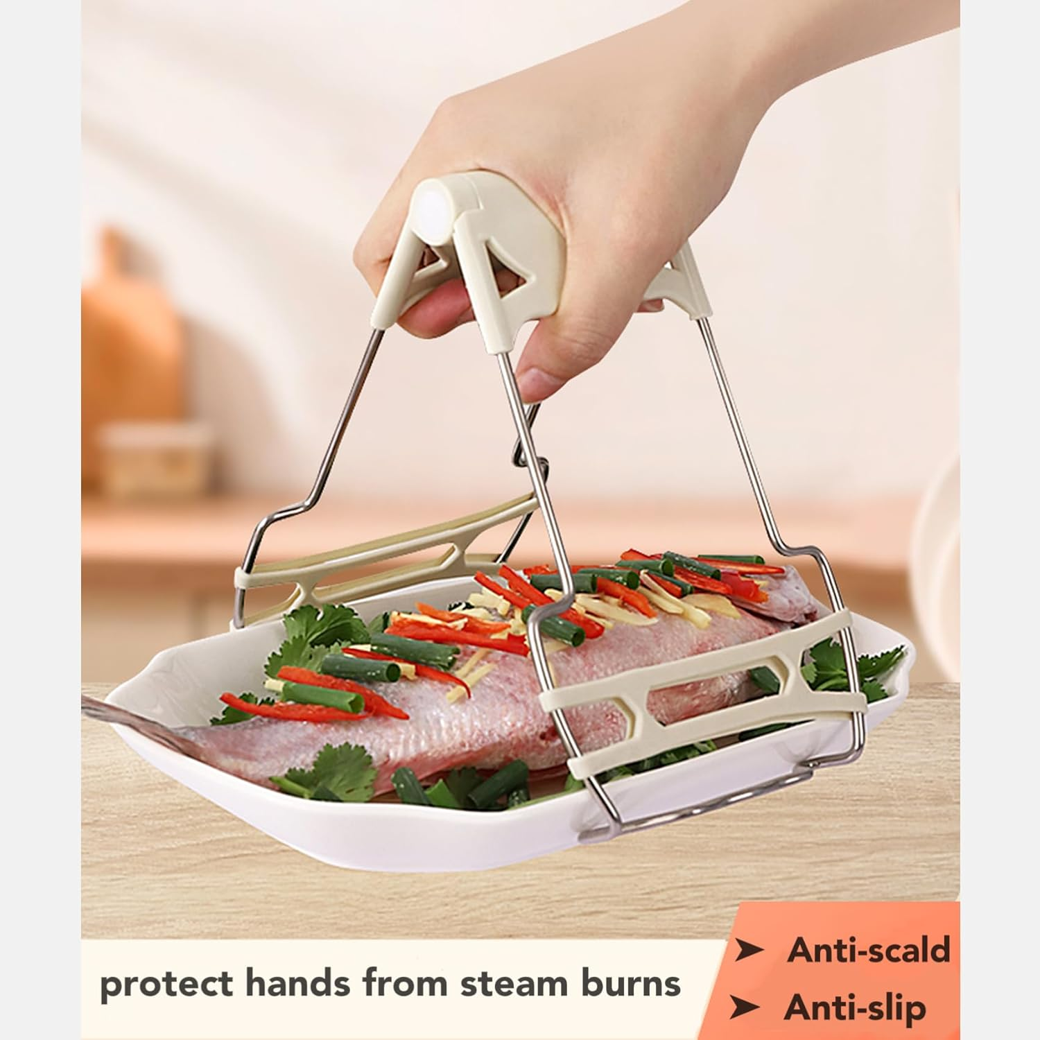 ATFYER Hot Plate Gripper,Hot Dish Plate Clip,Plate Lifter Steamer,Plate Gripper Tongs,Stainless Steel Bowl Clip Holder,(Green) - Blue image number 4