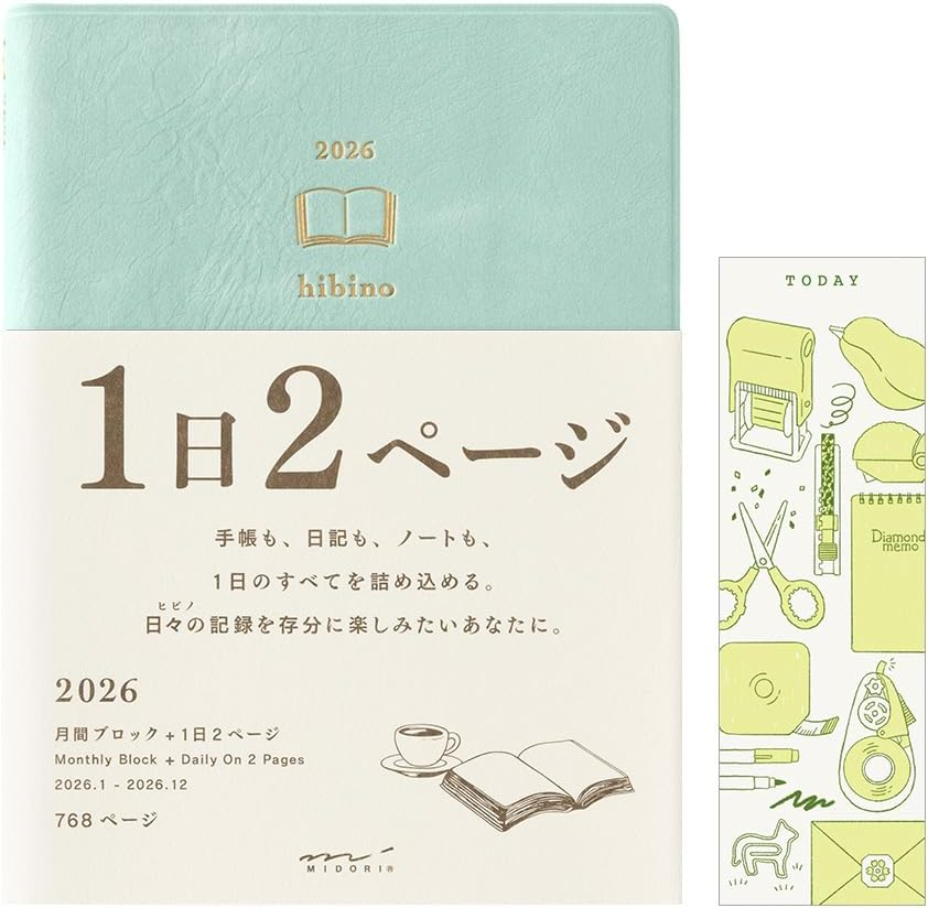 Midori Hibino Notebook, 2026, A6, Daily Limited Edition, Bookmark Included, Blue Green 22400006 (Starts on December 2025)