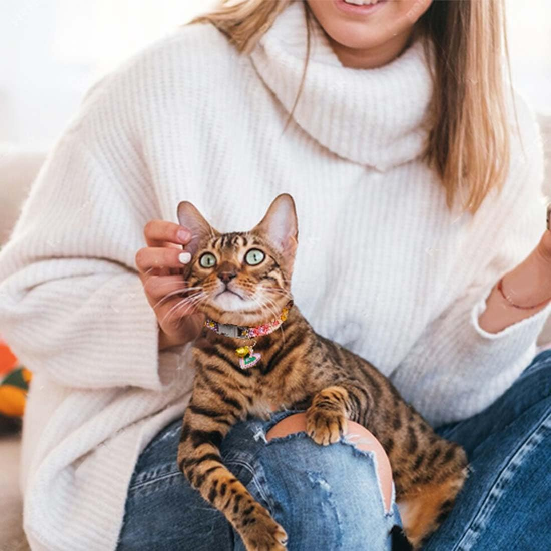 Personalised Cat Collar Soft Cotton Cat Collar with Removable, Pack of 3 Kitten Collars with Quick Release and Bell, Cat Collar with Safety Clasp and Bell image number 4