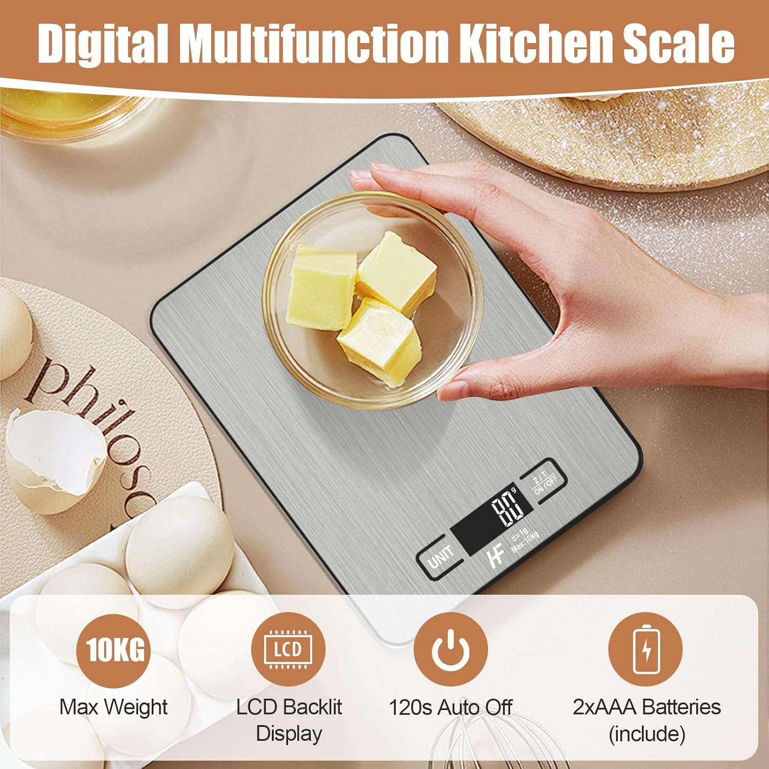 Homefashion 10Kg 1G Digital Kitchen Scales Food Scale Large 23X17Cm Platform Electronic Cooking with Backlit LCD Display Multifunction for Home Office Use image number 1