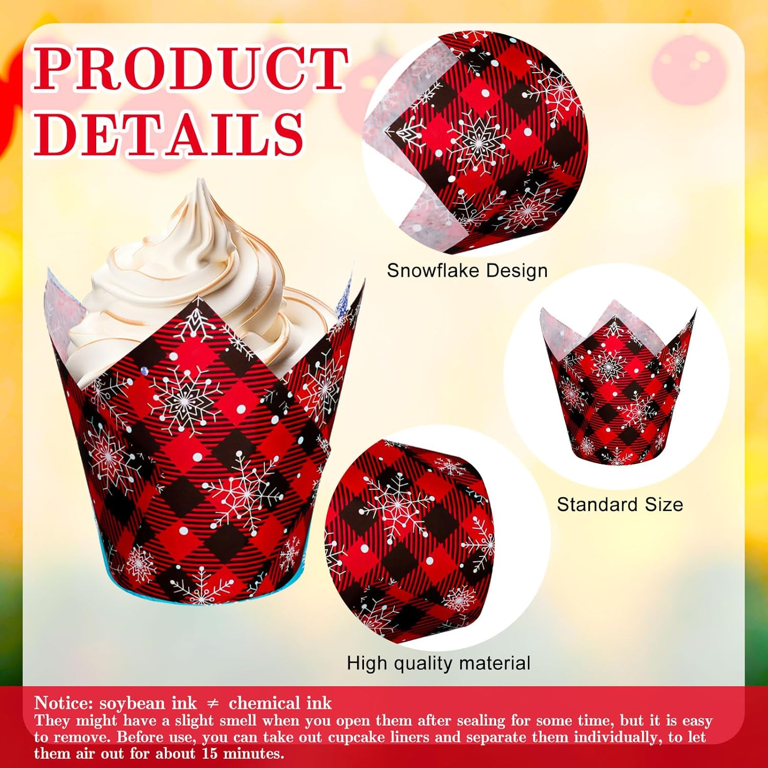 Whaline 200Pcs Christmas Plaid Tulip Cupcake Liners Plaid Snowflake Muffin Tulip Baking Cups Xmas Red Black Tulip Cupcake Wrappers for Holiday Party Supplies image number 4