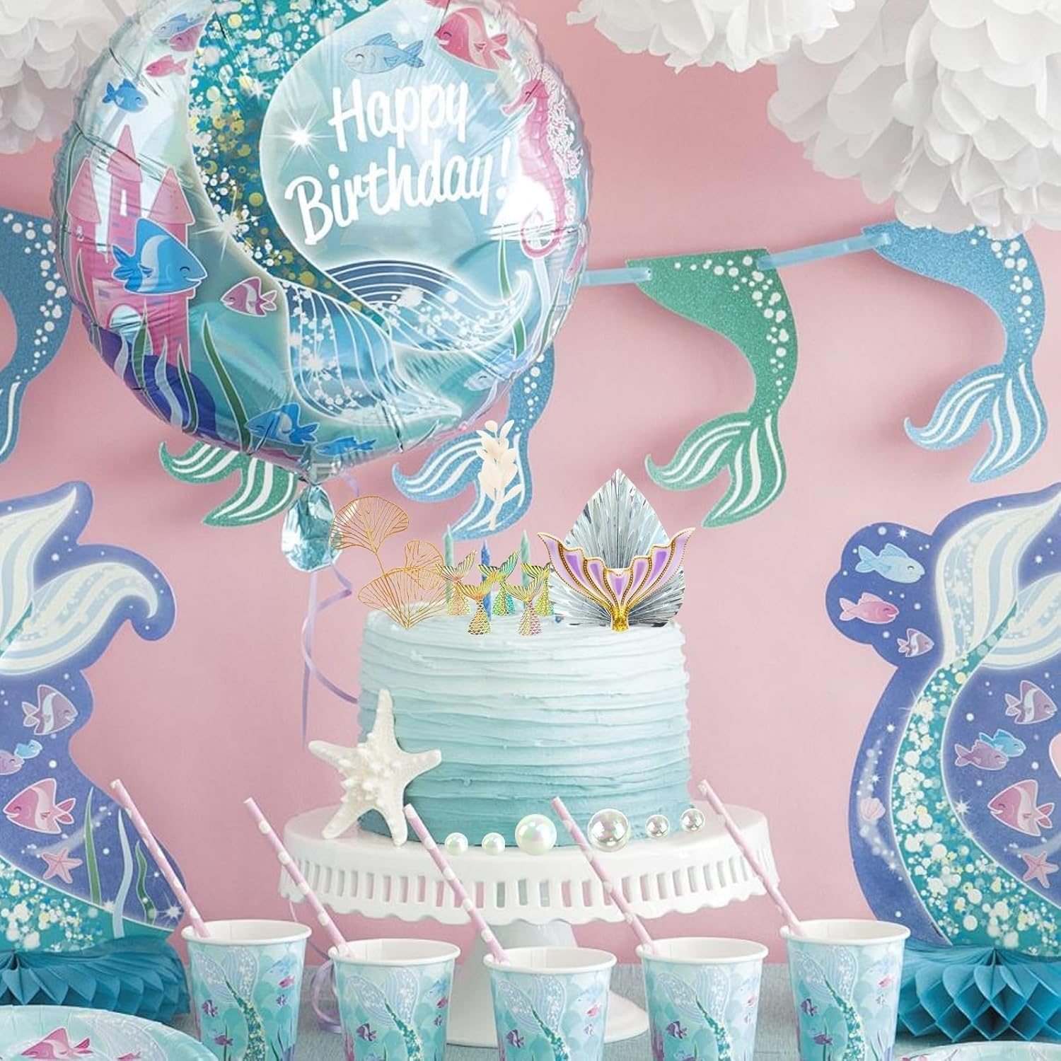 26 Pcs Mermaid Cake Decorations,Mermaid Tail Cake Decorations for Birthday Party Supplies image number 1