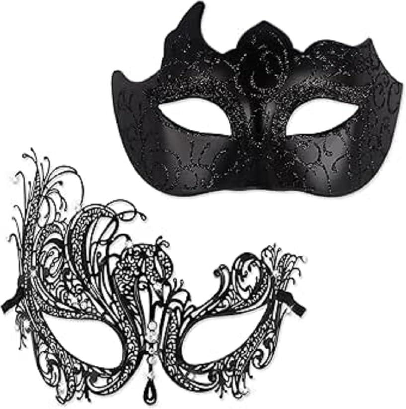 2 Pcs Masquerade Ball Mask for Couples, Venetian Mardi Gras Cosplay Party Masks Prom Ball Christmas Decoration image number 4