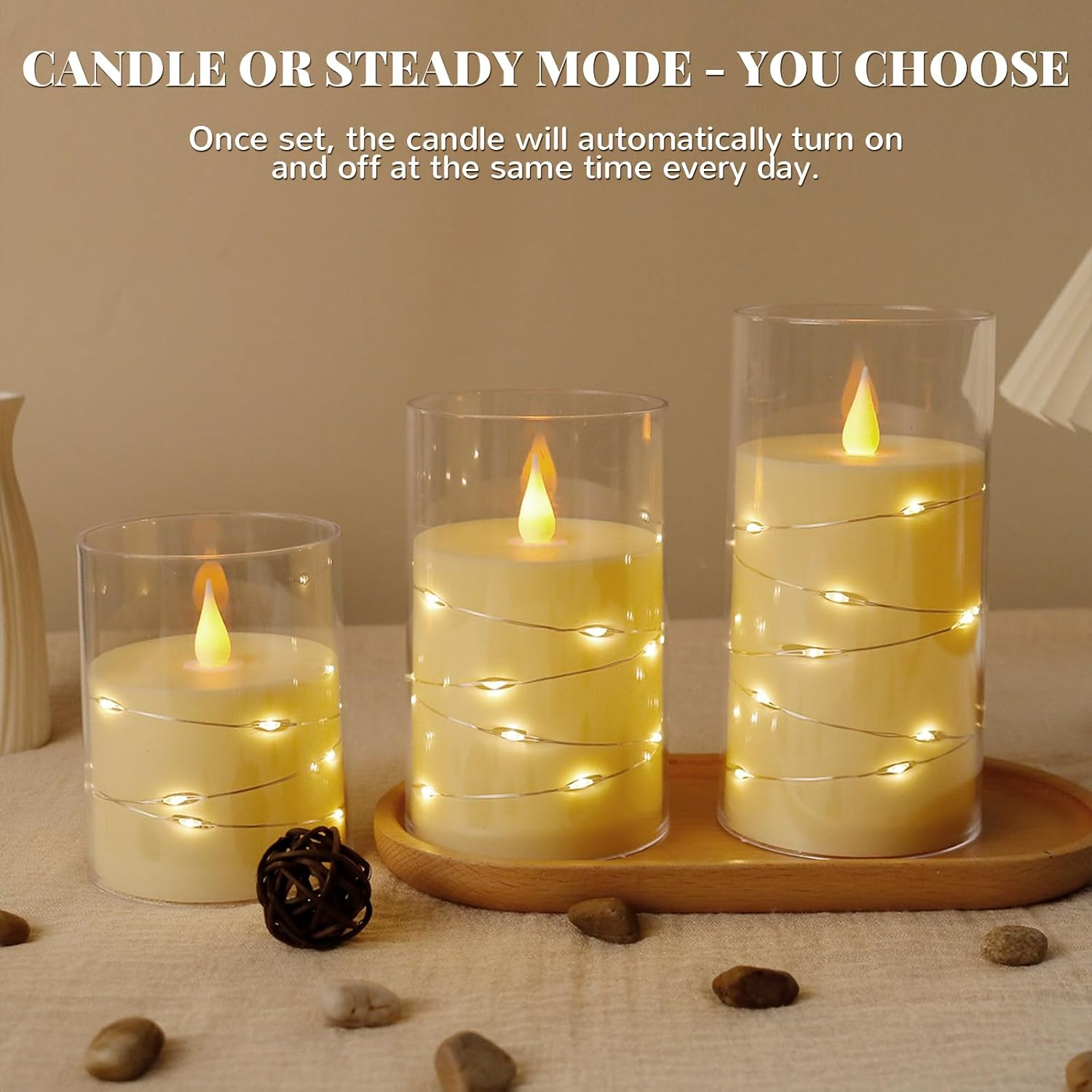 Flickering Flameless Candles: Built-In Star String Lights Unbreakable 3D Wick Acrylic Battery Operated LED Pillar Candles, for Romantic Home/Wedding/Room Decor(4" 5" 6") image number 4