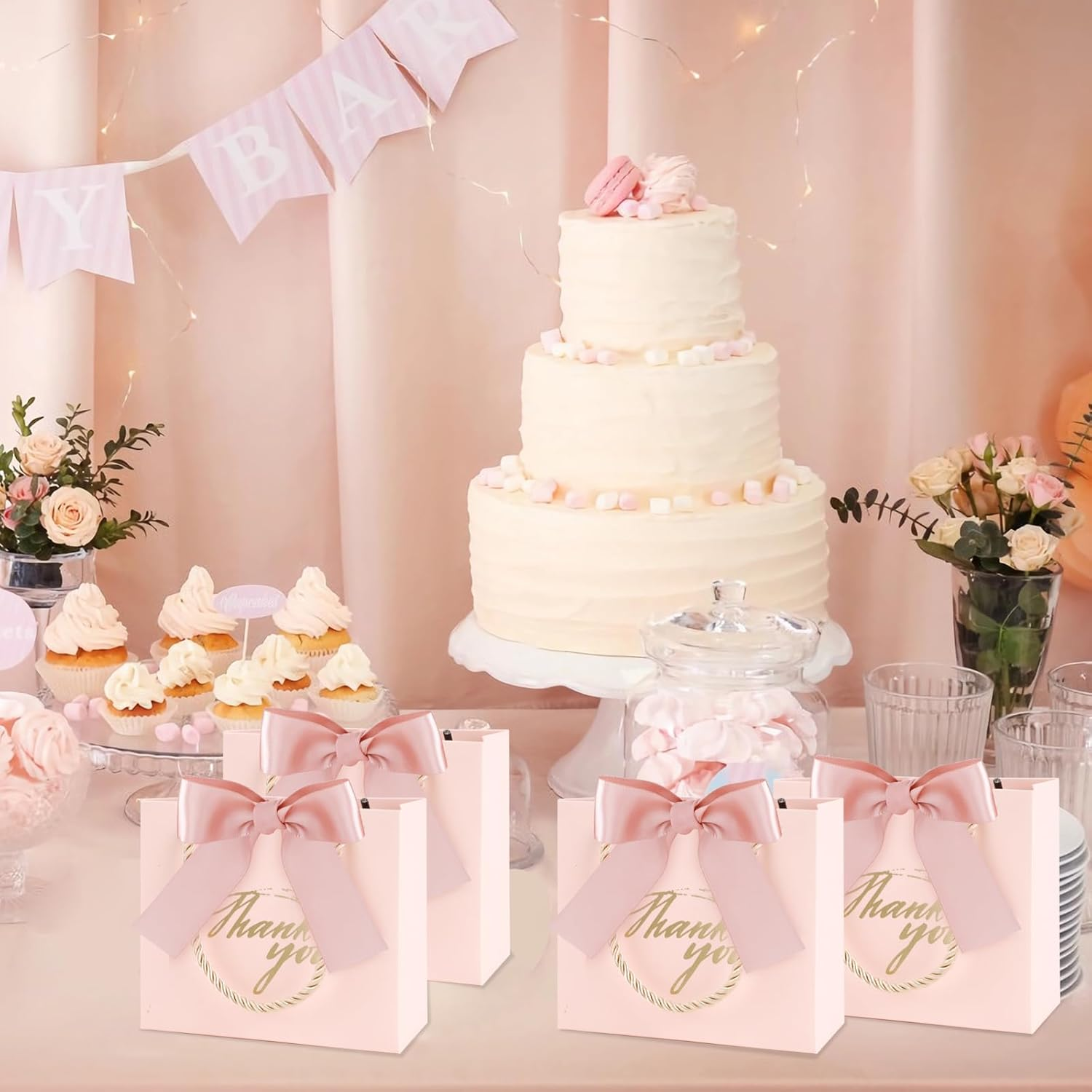 SHAIDOJIO 30Pack Small Thank You Gift Bags with Handle, Mini Pink Gift Bags Candy Bags Bulk with Bow Ribbon, Party Favor Bag for Wedding, Birthday, Bridal Shower, Baby Shower (5.5X2.5X4.7 Inch) image number 3