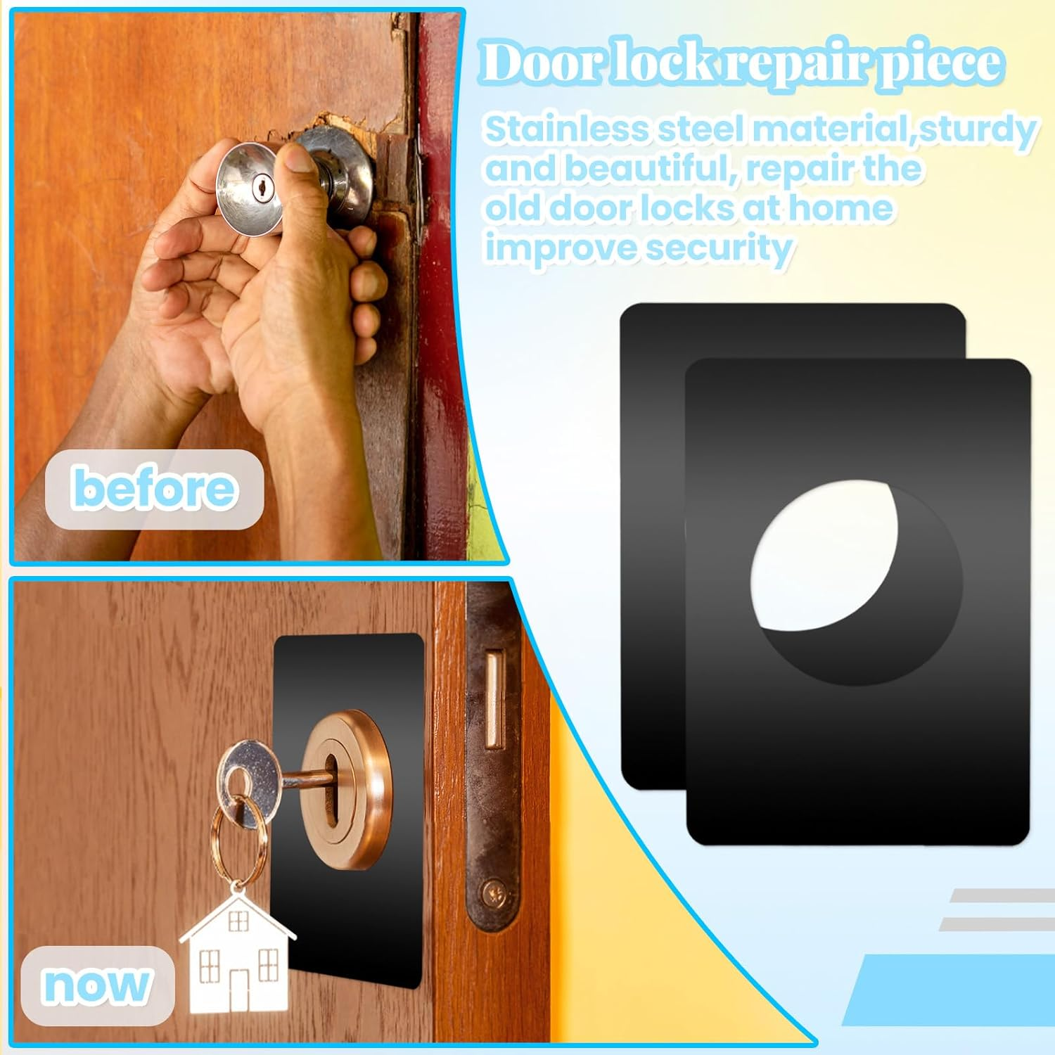 6 PCS Door Reinforcement Plate, Adhesive Door Handle Fixing Cover, Door Hole Cover Plate, Door Knob Backplate for Interior Doors (Black) - Silver image number 5