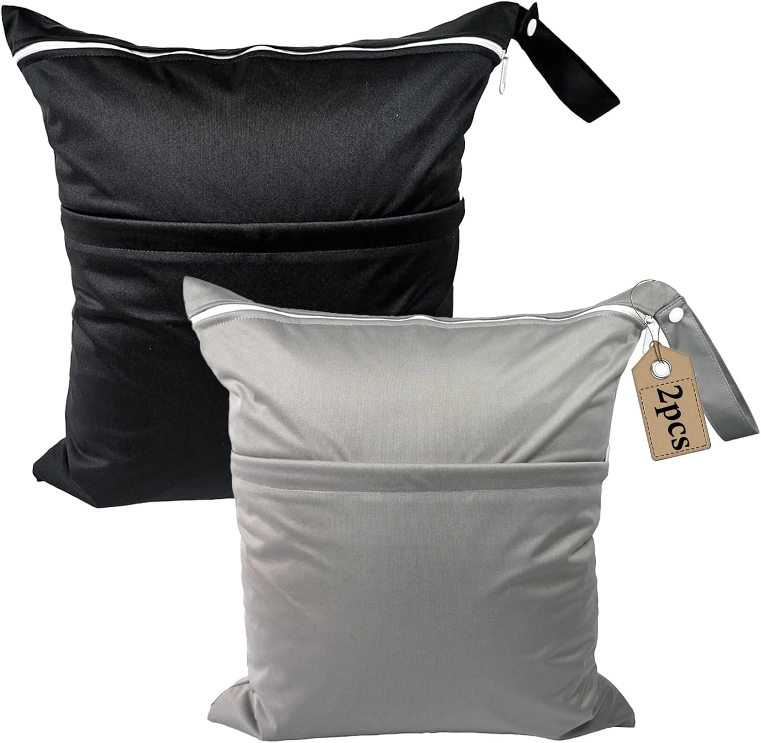 2 Pack Travel Laundry Bag with 2 Zippered Pockets & Handle 39 * 45Cm Water-Resistant Wet Dry Bags for Dirty Clothes, Gym, Swimming, Yoga, Bathing Suits (Black + Grey)