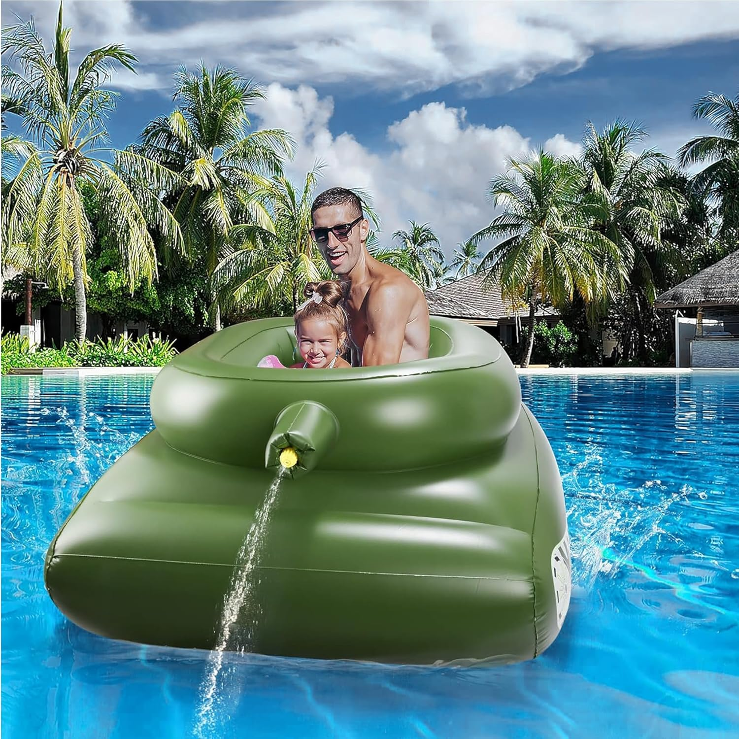 Tank Floaties with Built-In Water-Gun Multiplayer Swimming Pool Toys for Kids Adult Resistant PVC for Poolside Pool Float for Poolside Beach-Party Lake Summer Family Water Battle (Green) image number 1