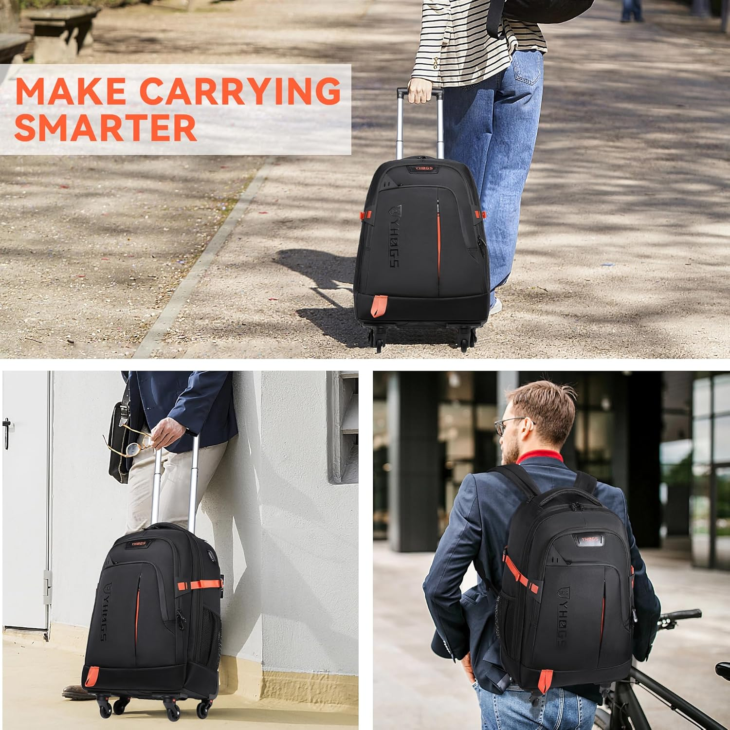 RUCYEN Rolling Backpack, Rolling Wheeled Backpack for Men Women, Black, 22 Inch, Travel image number 4