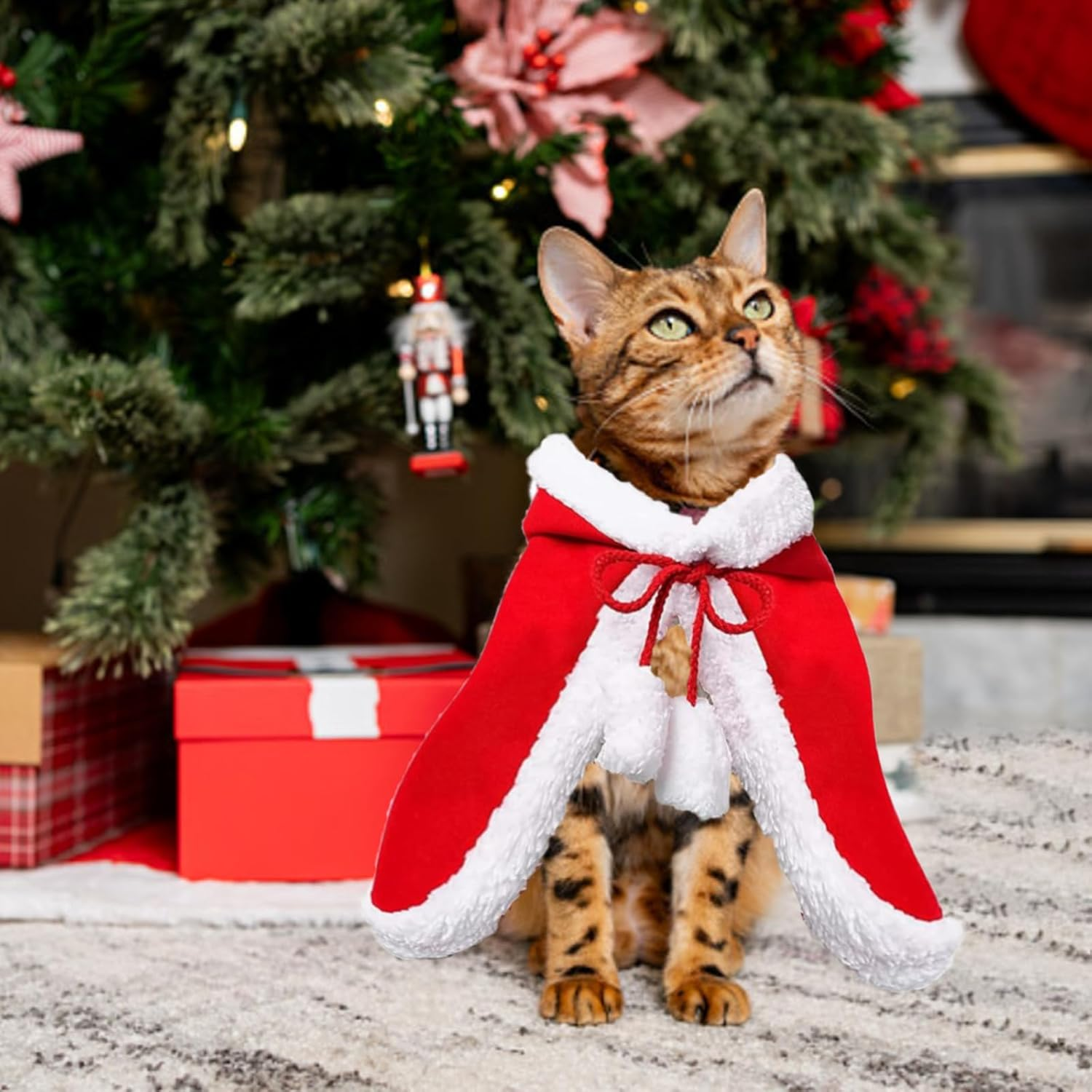 Cat Costume Christmas Costume Cats Dog Costume Red Plush Warm Christmas Clothing Pet Christmas Hat Adjustable Cape Christmas Party Winter Outfit