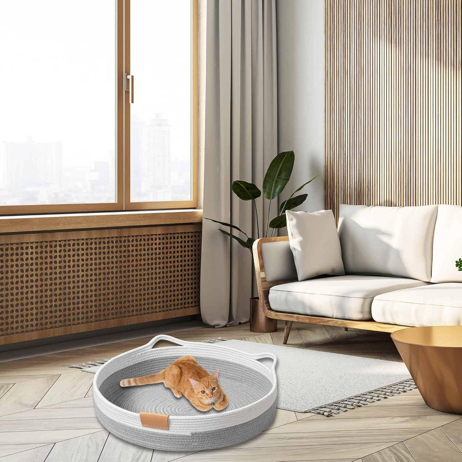 CAPASTEC Woven Cat Bed, 40 Cm Diameter, Foldable Basket Nesting Site, Breathable Pet Lounger, Claw Abrasion-Resistant Universal Kitten Bed, Light Grey image number 4