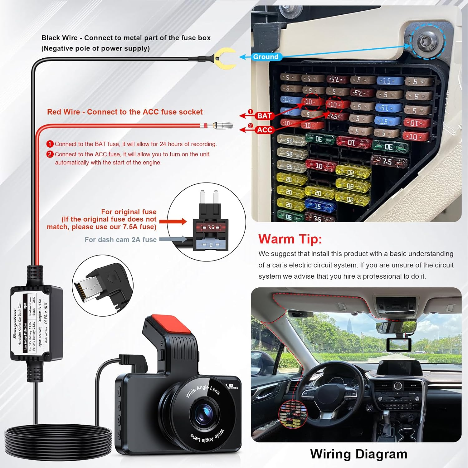 Range Tour Dash Cam Hardwire Kit Mini USB, 4M 12V-24V to 5V 2.5A (Also Fits for 1-2A) Hard Wiring Kit for Car Camera, 4 Power Adapters 3 Fuses image number 2