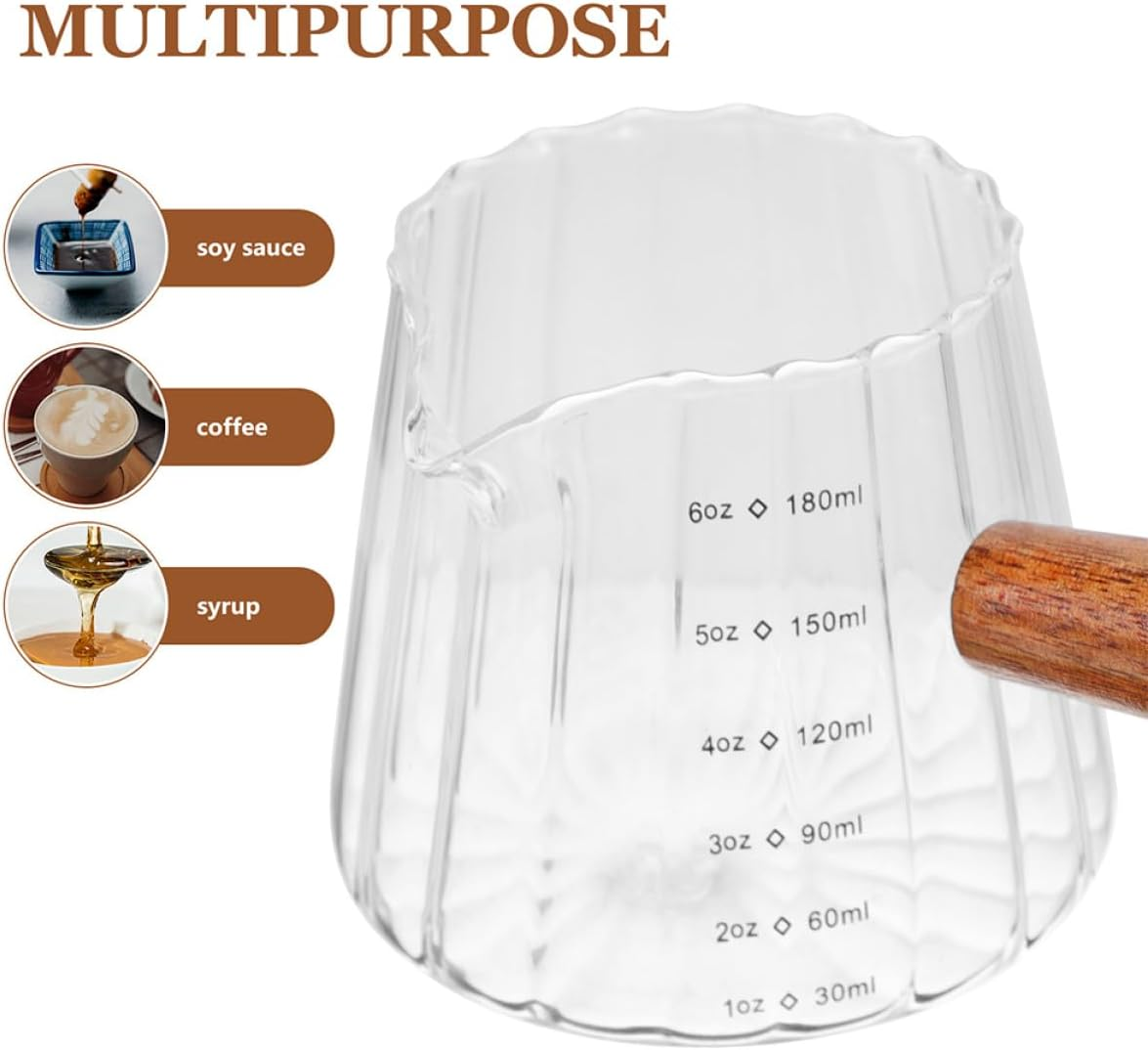 KALLORY 2Pcs Glass Milk Pitcher with Wooden Handle Heat-Resistant Espresso Creamer Cups Multi-Use Glass Coffee Milk Pitchers for Coffee Enthusiasts image number 2