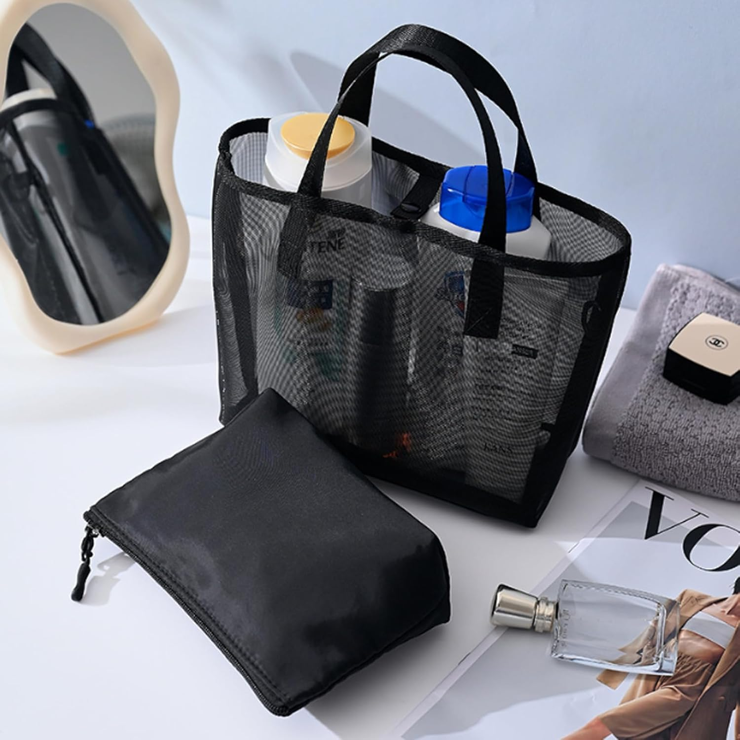 2 Pack Rose Pattern Mesh Makeup Bags, Thickened Transparent Toiletry Organizer Set, Portable Cosmetic Pouch for Women, Waterproof Travel Essentials Kit with Zipper Closure for Vacation & Travel image number 2