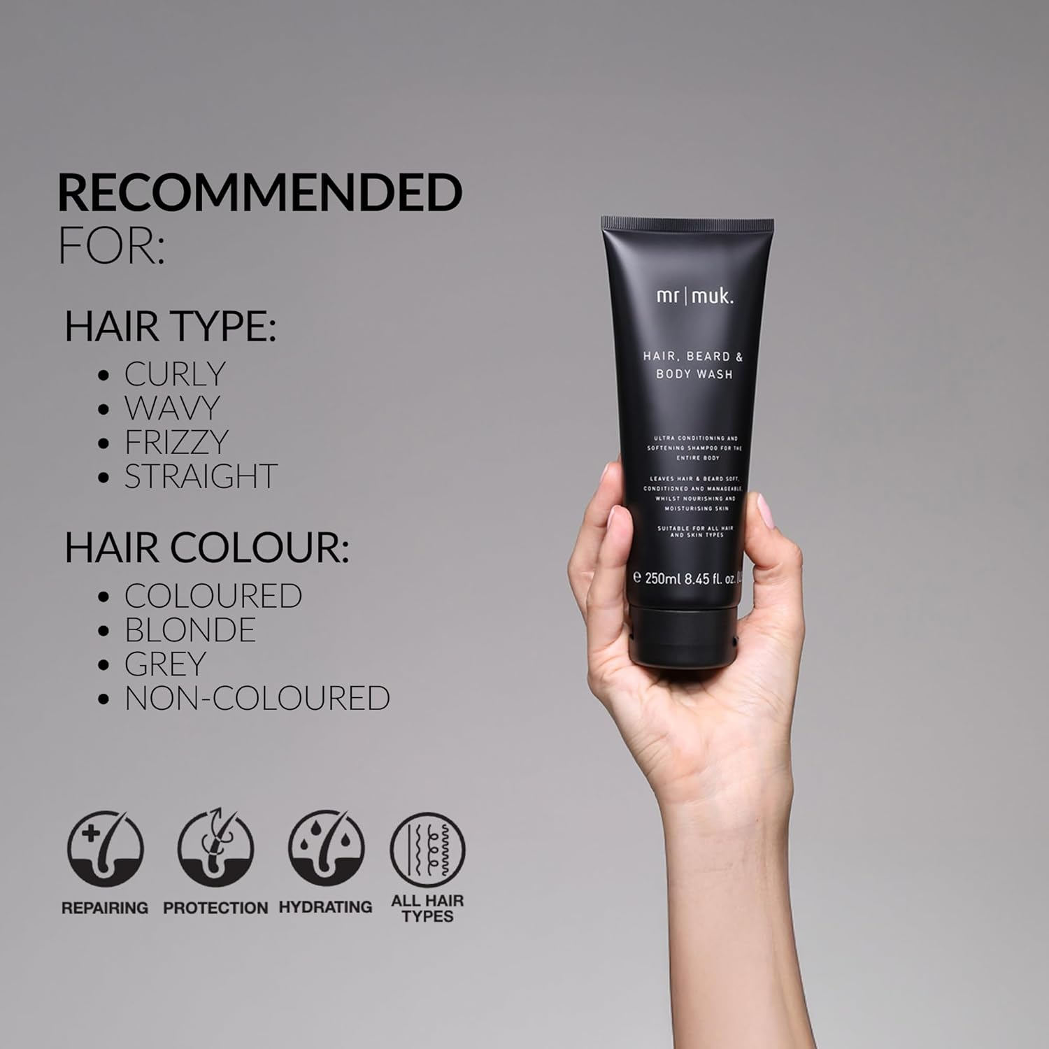 MR MUK. Mens Body Wash, Hair & Beard Wash - Multi Use Mens Face Wash, Hair & Skin Cleanser for Travel. Ultra Conditioning Formula for Soft, Touchable Hair & Nourished Skin, 250Ml image number 1