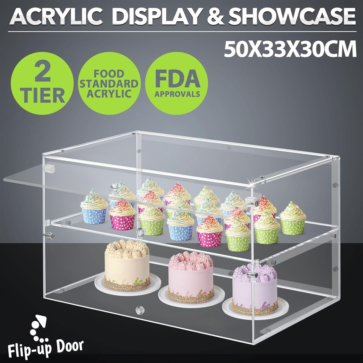 2 Tier Acrylic Cupcake Display Storage Cake Bakery Case Cabinet Muffin Donut Pastry Model Showcase Countertop Flip-Up Door image number 6