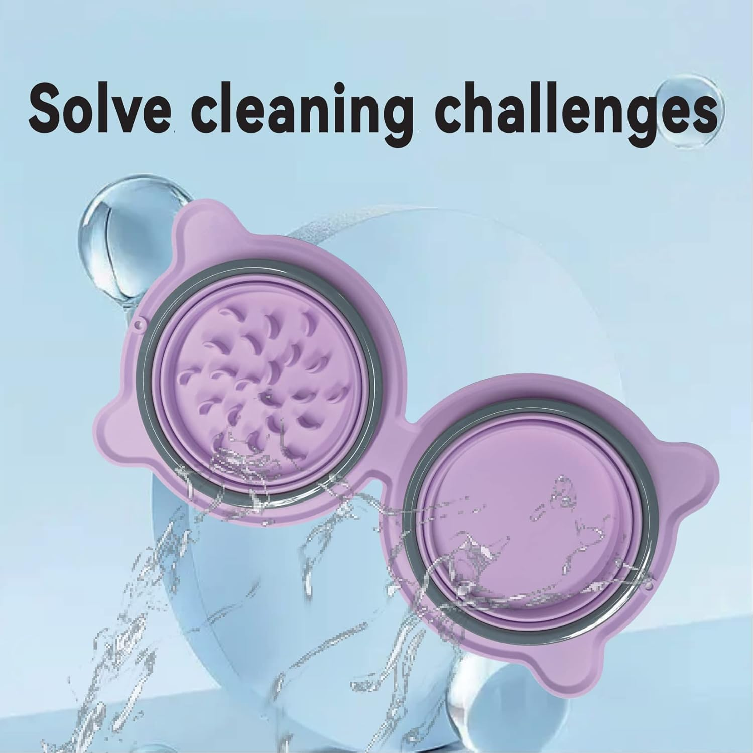 Catchu Silicone Foldable 2 in 1 Pet Bowl, Quality Collapsible Double Slow Feeder Dish, Integrated Molding Expandable Travel Food Water Bowl for Dogs Cats (Purple) image number 3