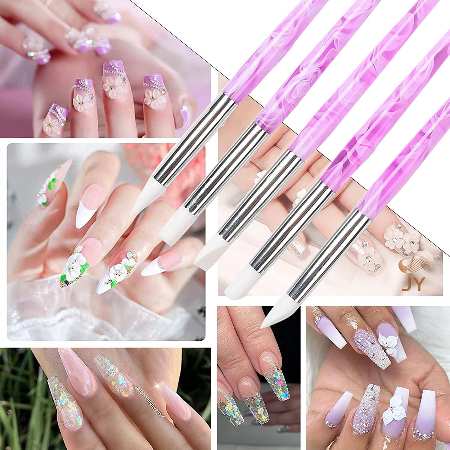 BQAN 5Pcs Nail Art Sculpture Pen, Silicone Nail Art Brushes for Gel, Acrylic Nails, Foil Carving, Drawing & Shaping, Nail Art Tools for Home Salon image number 2
