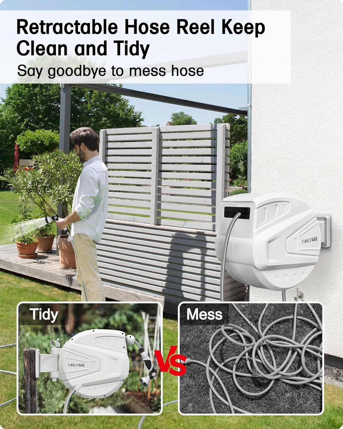 Retractable Garden Hose Reel,30M Garden Hose Reel Wall Wounted,Self-Locking System/Auto Rewind/Wall Loumted/180"Swivel Bracket/Multi-Function Spray Nozzle for Garden Lawn Garage Watering image number 3