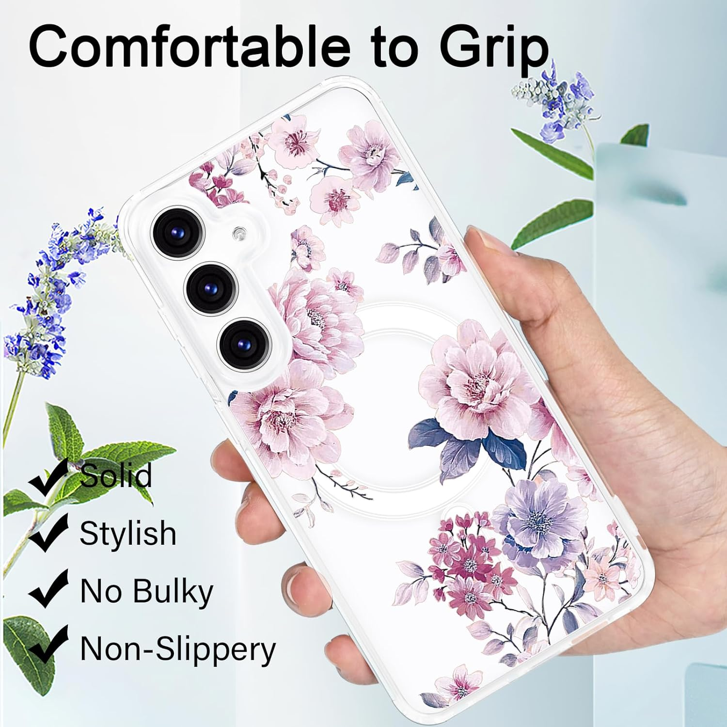 Tcaraersing for Samsung Galaxy S24 6.2" Magnetic Flower Case - Floral Pattern Shockproof Cover with Magsafe Compatibility, Slim Hard PC Back & Soft TPU Edge for Women & Girls, Peony image number 1