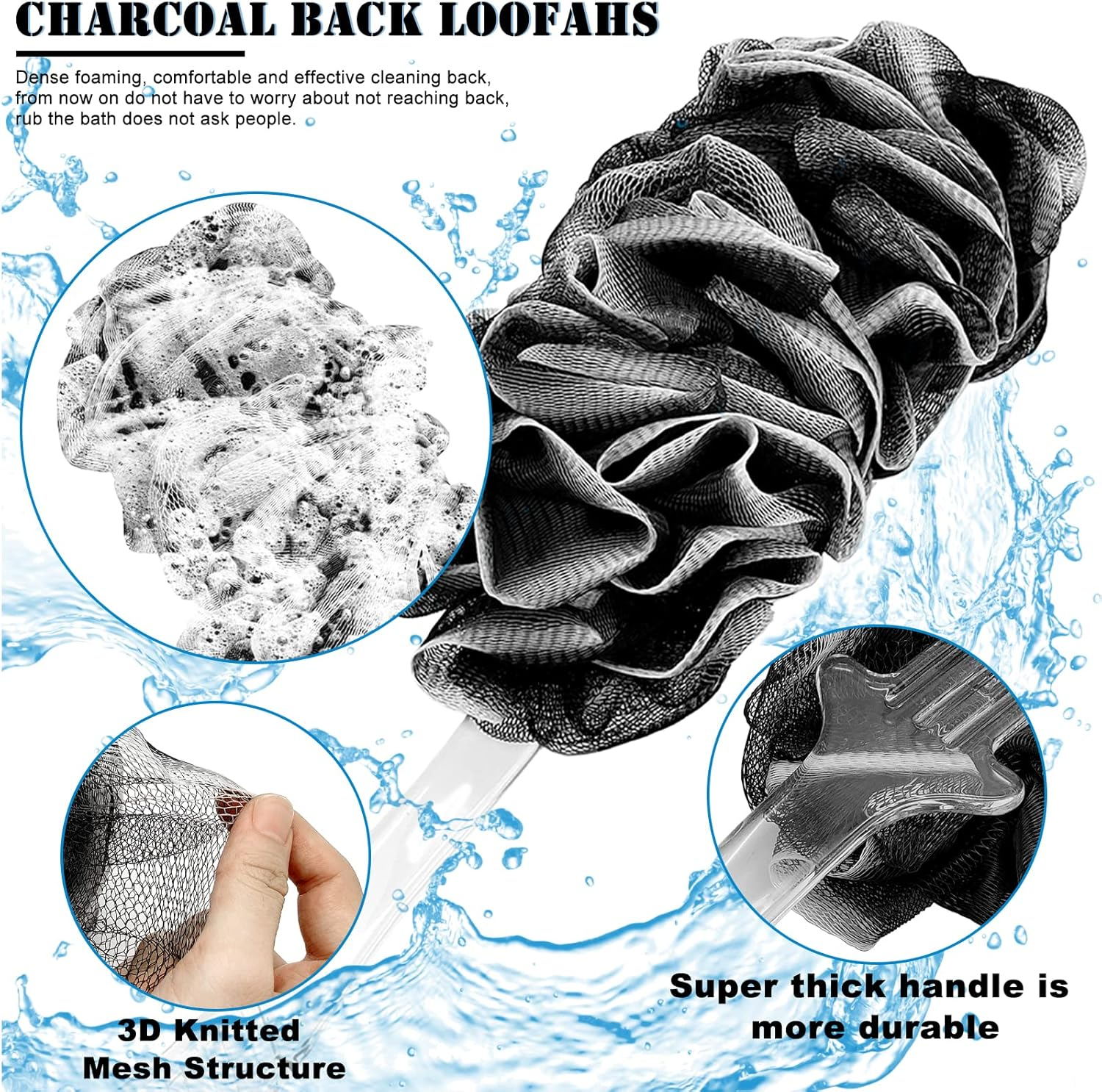 Loofah Bath Shower Sponge Body Scrubber,1 Long Handled Back Brush and 2 75G XL Exfoliate Mesh Pouf Shower Bouquet,3 Pack Shower Scrubber for Women and Men
