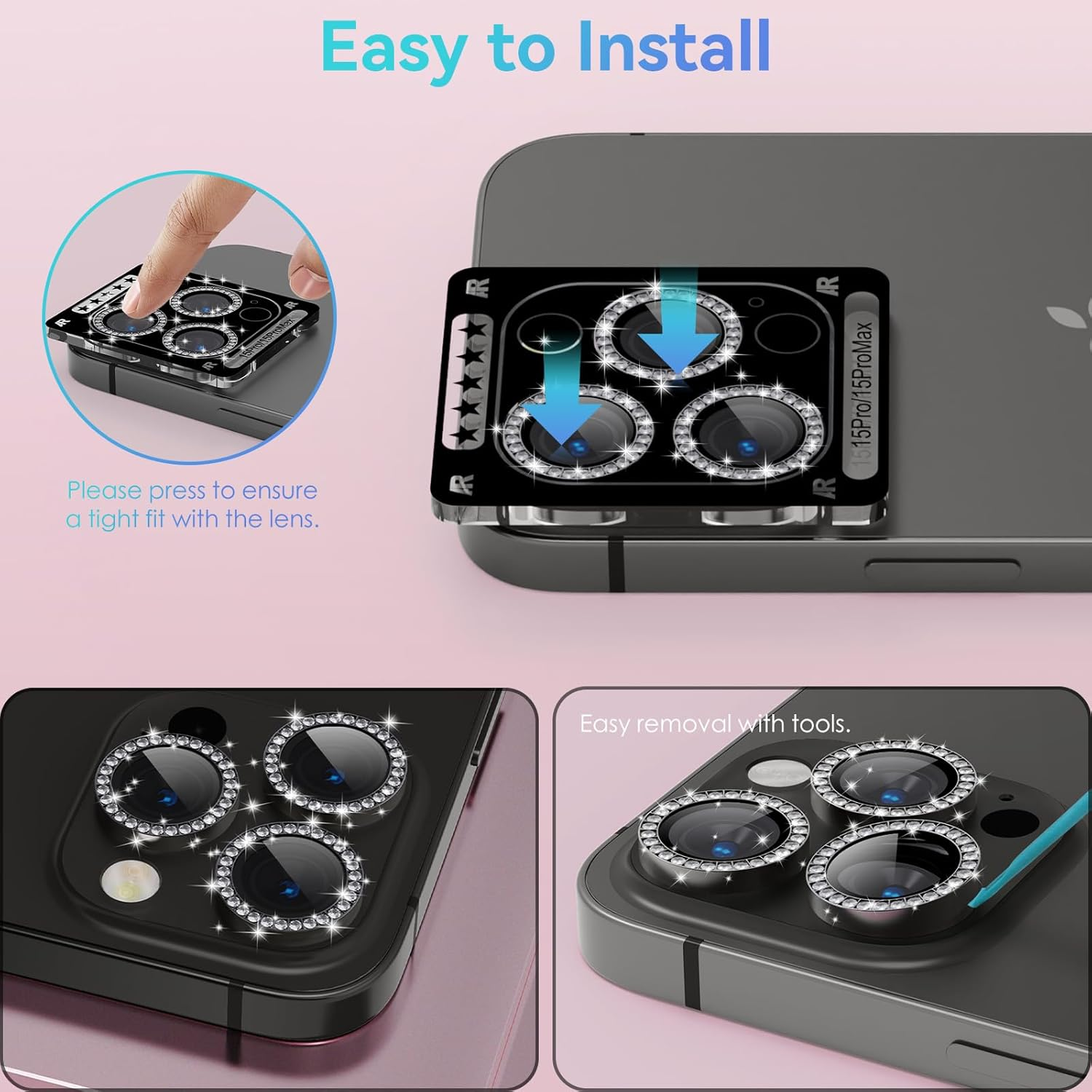 Cloudvalley [3] for Iphone 15 Pro / 15 Pro Max Camera Lens Protector, Ultra-Hd Tempered Glass Camera Cover [Case-Friendly] Metal Individual Lens Screen Protective Ring,Diamond Natural Titanium image number 5