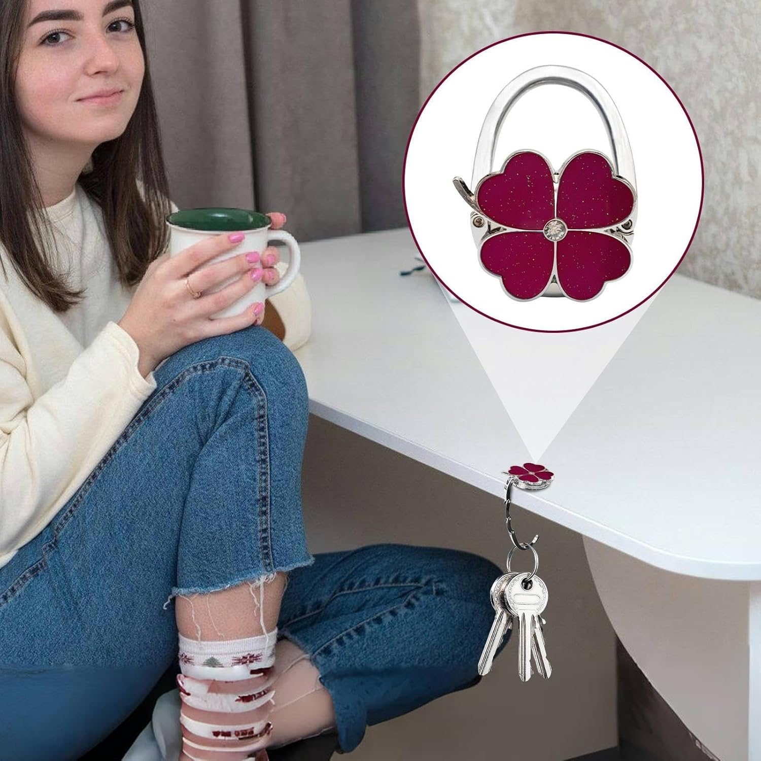 Purse Hanger for Table - Zinc Alloy Handbag Hanger for Table | Non Slip Compact Desk Bag Holder for Umbrellas Cups Headphones Backpacks image number 2