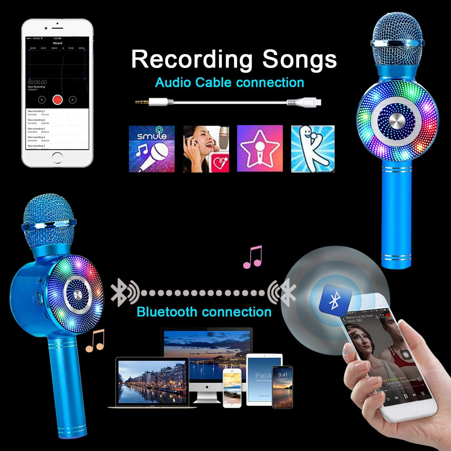 Wireless Bluetooth Karaoke Microphone with LED Lights, 4 in 1 Portable Karaoke Machine Speaker for Android/Iphone/Pc image number 4