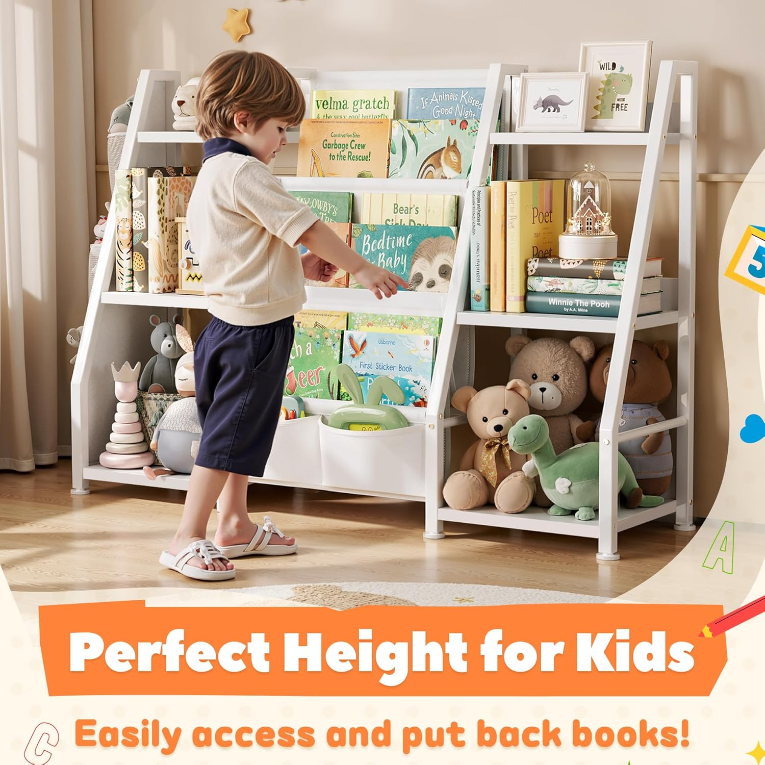 Gotiling Kids Bookshelf Large Storage Bookcase: 3-Tier Book Sling Shelf Toy Organizer for Toddler - Display Rack with 3 Pockets for Kids Rooms, Bedroom, Playroom, Nursery (White, Wood + Metal)