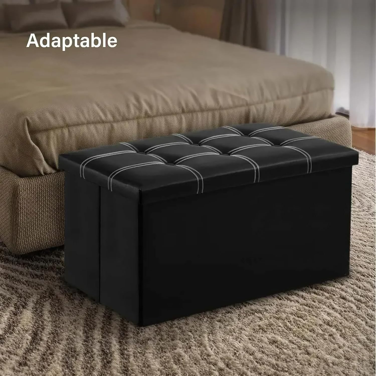 MEMOCASTLE Folding Storage Ottoman: 38X76X38Cm Black Synthetic Leather - 110L Capacity, Quick Assembly for Living Room & Bedroom - Black image number 6