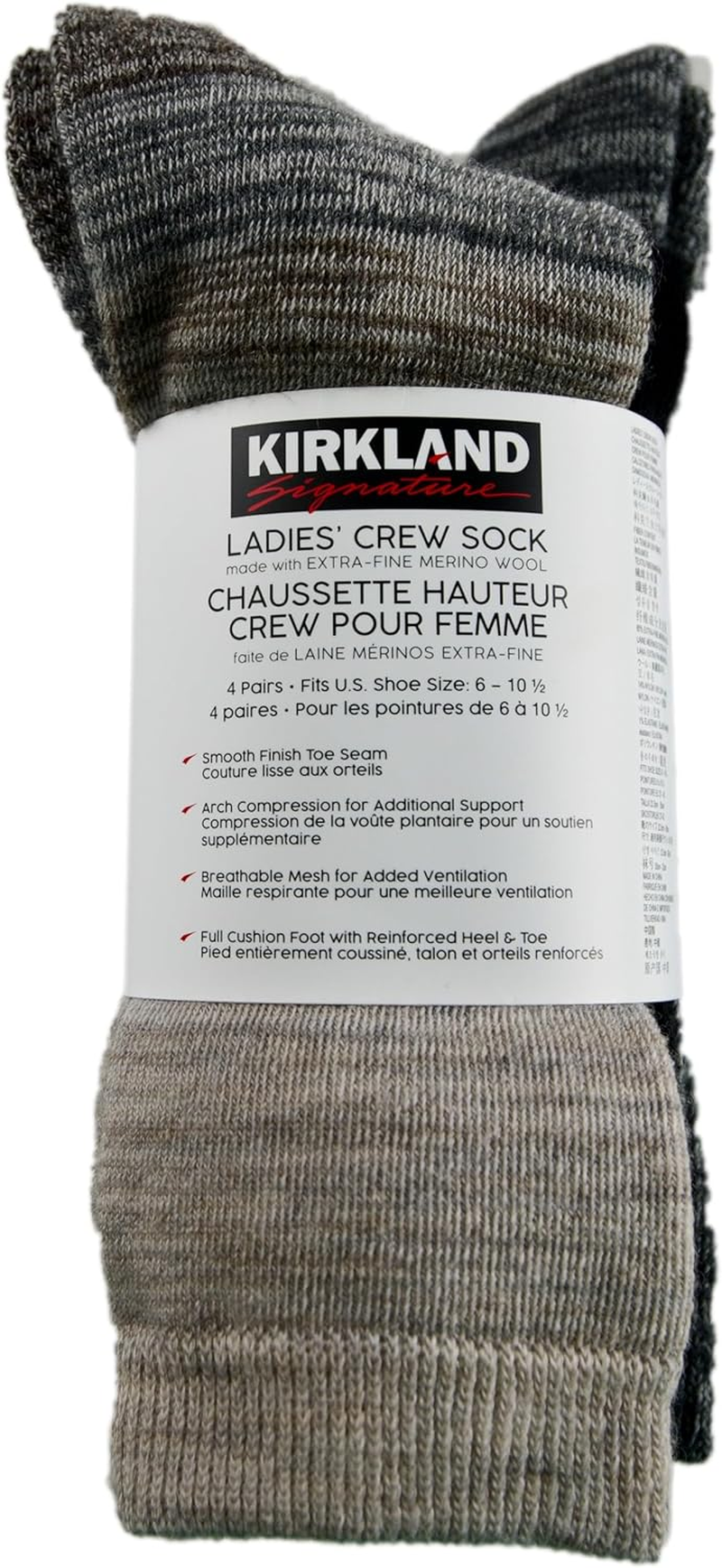 KIRKLAND Signature Ladies' Extra-Fine Merino Wool Crew Socks, Multi-Color, 4 Pairs, Multicolor image number 2