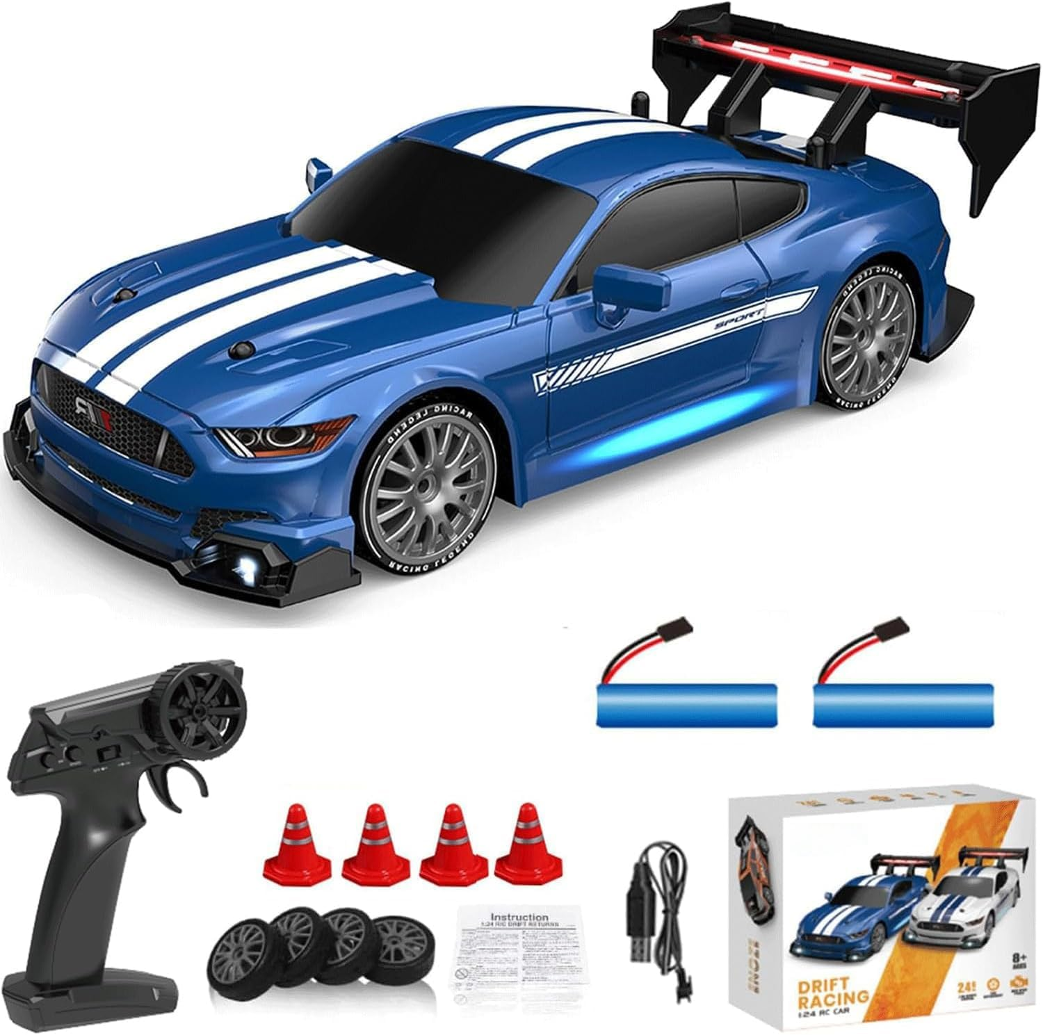 RC Drift Car, 1:24 Scale Remote Control Vehicle for Kids,4Wd 2.4Ghz 30KM/H High Speed RC Cars with LED Light, Drifting Tires Racing Sport Toy Cars for Adults Boys Girls Kids Gift (Blue) image number 1