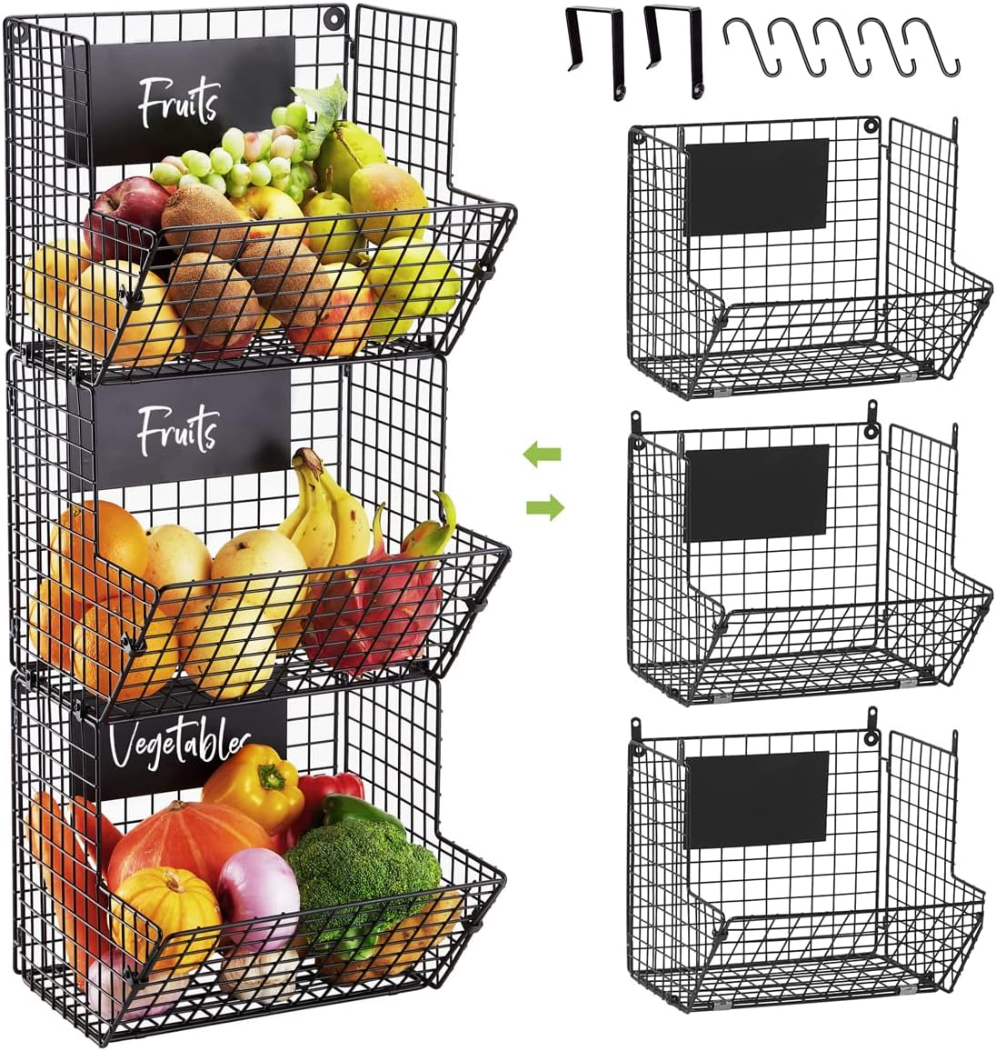 Fruit Vegetable Storage Basket for Kitchen, 3 Tier Stackable Wall Mount & Countertop & Hanging Metal Wire Baskets Organiser with Hooks, Kitchen Produce Tiered Counter Organizer Bin Rack(Black) image number 6