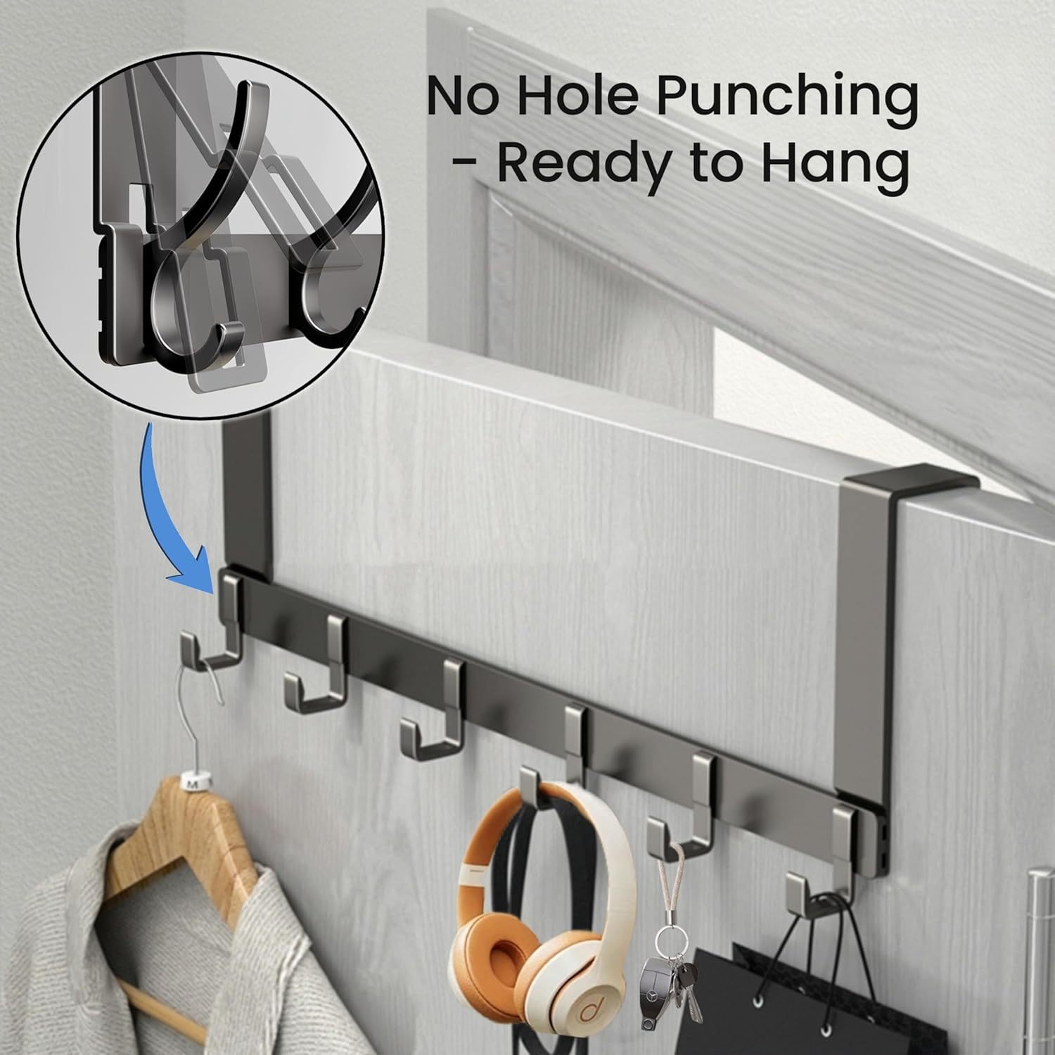 Over the Door Hook Hanger,Door Hanger with 6 Hooks, Door Towel Rack for Hanging Coats, Bags and Hats on the Back of Bedroom and Bathroom Doors - Dark Grey image number 2