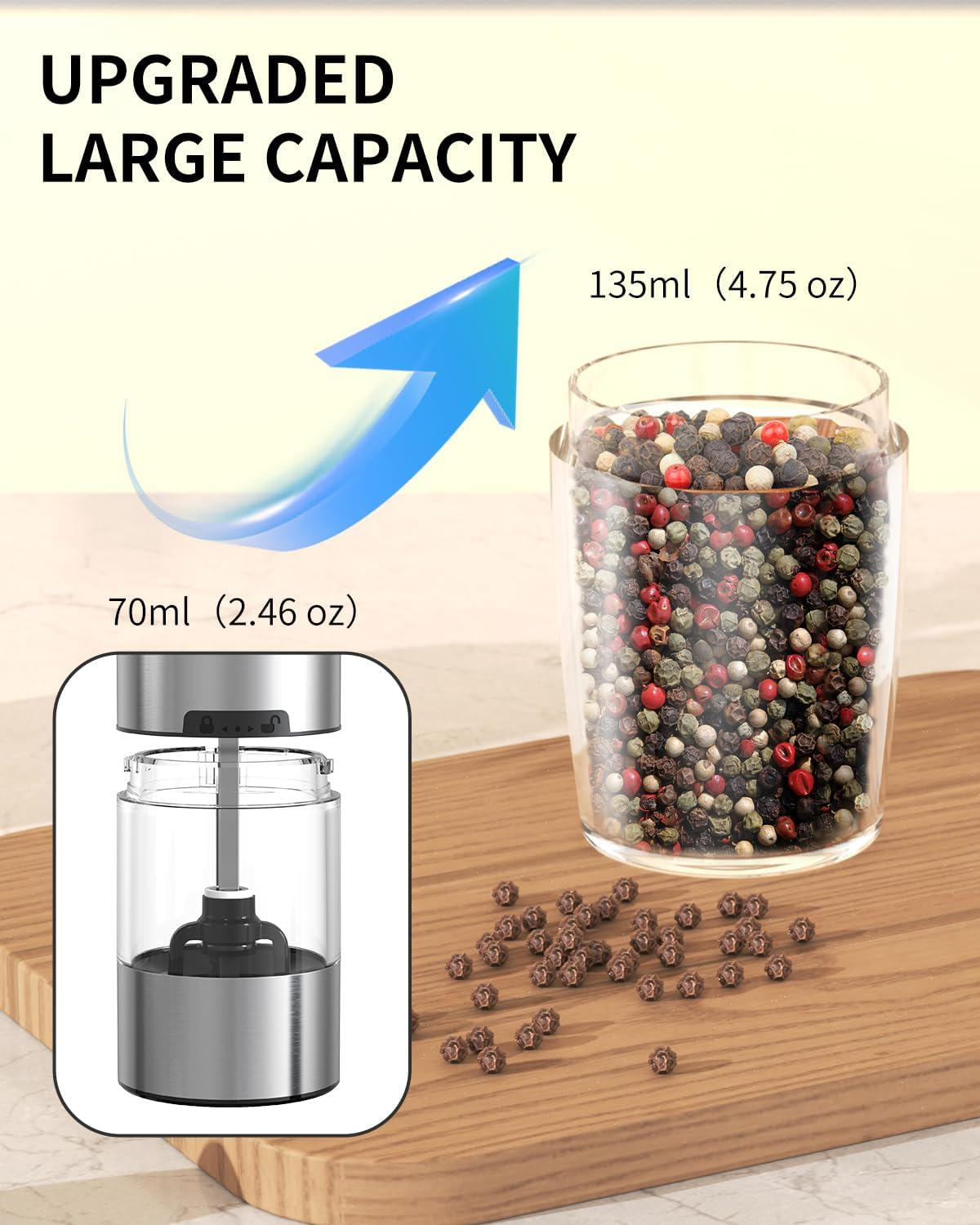 CIRCLE JOY Gravity Electric Salt and Pepper Grinder Set Rechargeable Salt and Pepper Shakers Automatic Mill Grinder with White LED Light, Adjustable Coarseness, Washable 135Ml Container, Black image number 2