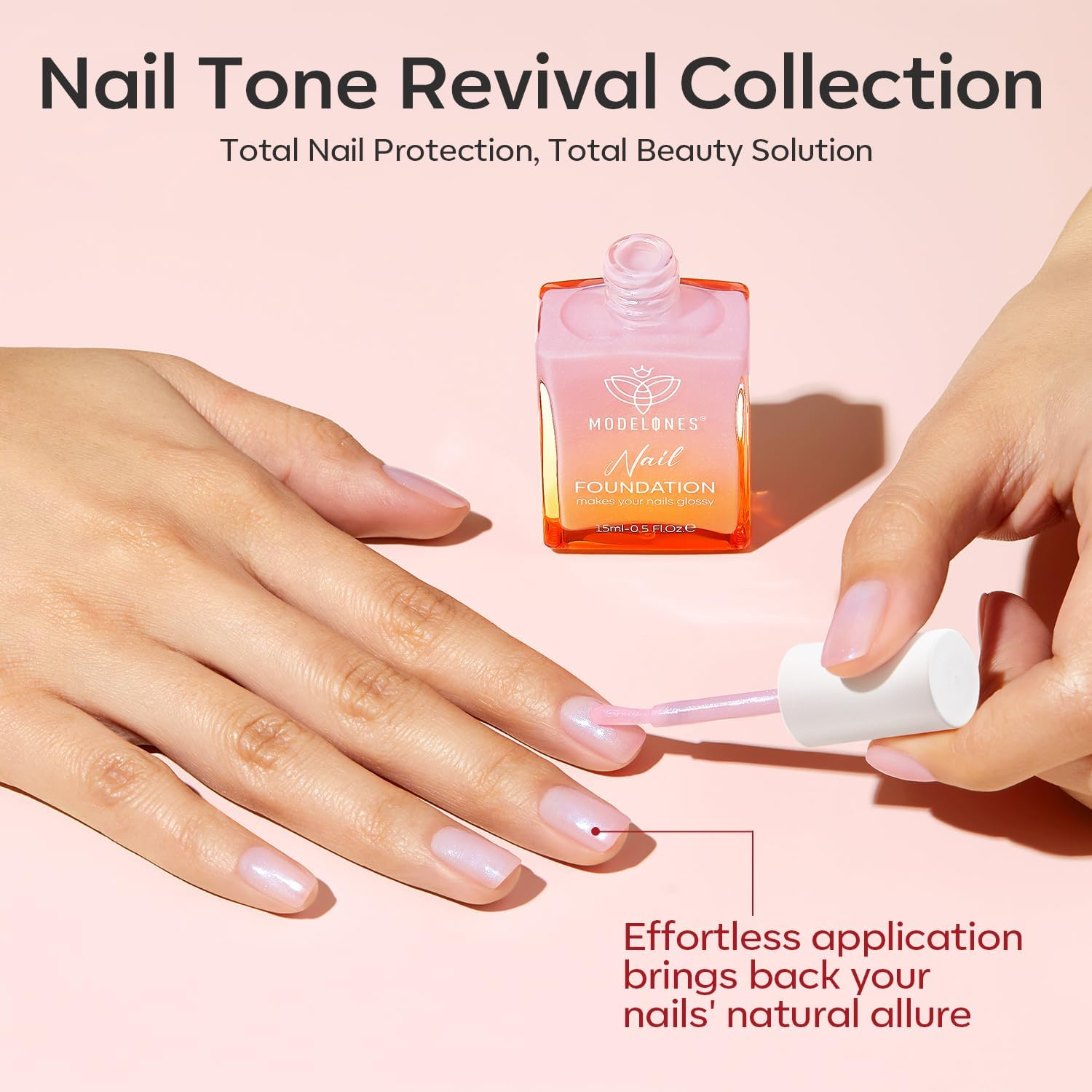 Modelones Nail Strengthener, Sparkle Pink Nail Natural Concealer Foundation Polish Air Dry Nail Growth Polish for Damaged Nails Imperfection Masking Gifts for Women 15Ml