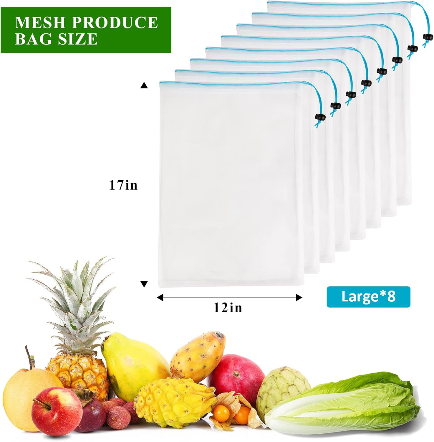 Set of 8 Reusable Mesh Produce Bags- Washable Produce Bags - 8 Blue Large (12"X17") See-Through Mesh Produce Bags for Storage Fruit, Vegetable, Toy image number 2