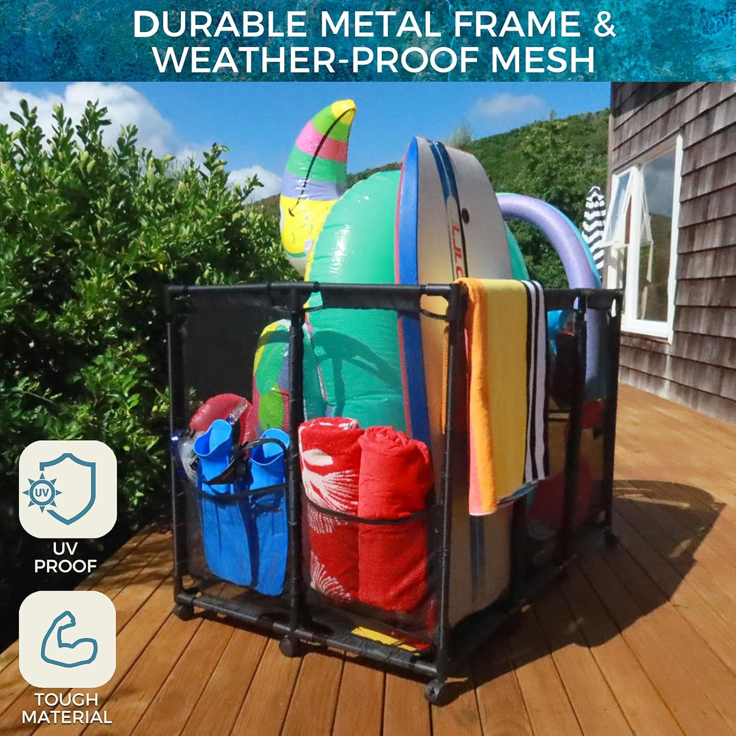 Pool Float Storage Organizer for Pool Noodles Floats Inflatables Towels - Ultimate Outdoor Pool Toy Storage Bin - XXL Black Hduty Metal - Pool Float Holder - Pool Storage Bin for Easy Poolside Cleanup image number 1