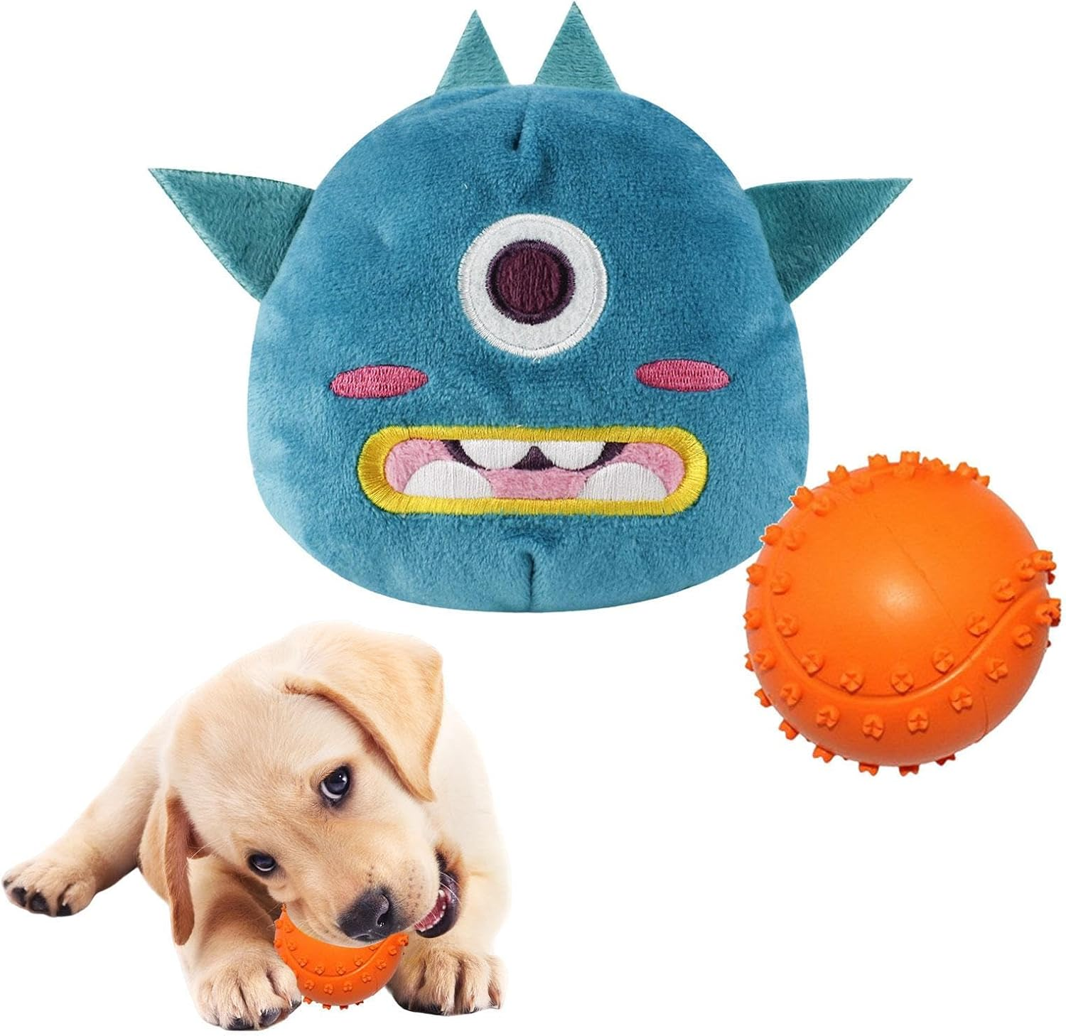Dog Toys Squeaky Ball | Rubber 2 in 1 Beast Shaped Dog Chew Toy | Sound Dog Ball, Dog Teething Toys for Puppy Small Medium Dogs, Pet Sound Toys Catcoq - D: C-Bit Beast Cloth Cover + Orange Sound Ball image number 4
