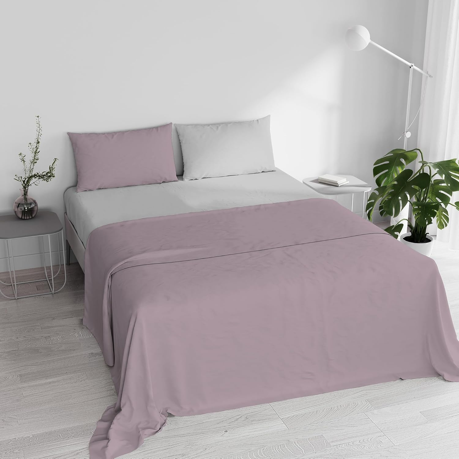 100% Natural Cotton Duvet Cover Set for Double Bed, Made in Italy, Fitted Sheet, Top Sheet 240 X 300 Cm and Pillowcases with Flap, Dusky Pink/Light Grey image number 7