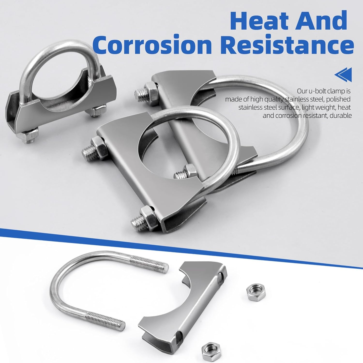 Glarks 2Pcs 304 Stainless Steel Exhaust U-Clamps 63MM (2-1/2In) Muffler Exhaust Clamps U-Bolt Clamps Design with Saddle Flange for Exhaust Tail Pipe