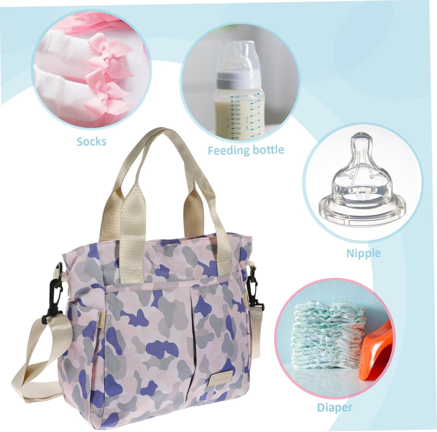 Hohopeti Large Baby Care Storage Bag for Moms Blue Camo Diaper Handbag Multi-Functional Travel Tote Shoulder Strap for Outdoor and Daily Use image number 3