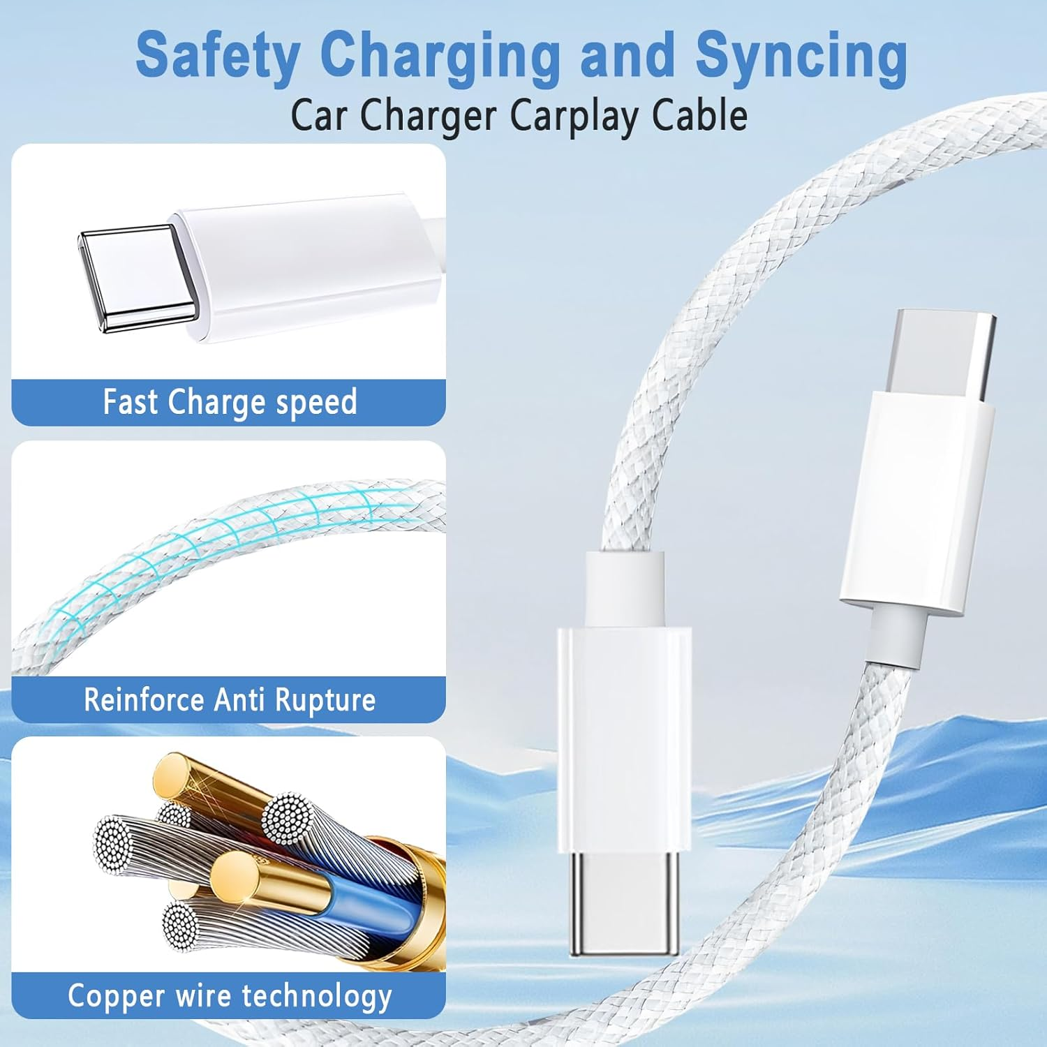 USB C to USB C Braided Fast Charging Cable, 2-Pack 5FT 60W PD Type-C Power Cord for Iphone 16/15 Pro Max, Macbook Air, Ipad Pro,Galaxy, Pixel, Android Auto, Carplay,White image number 4