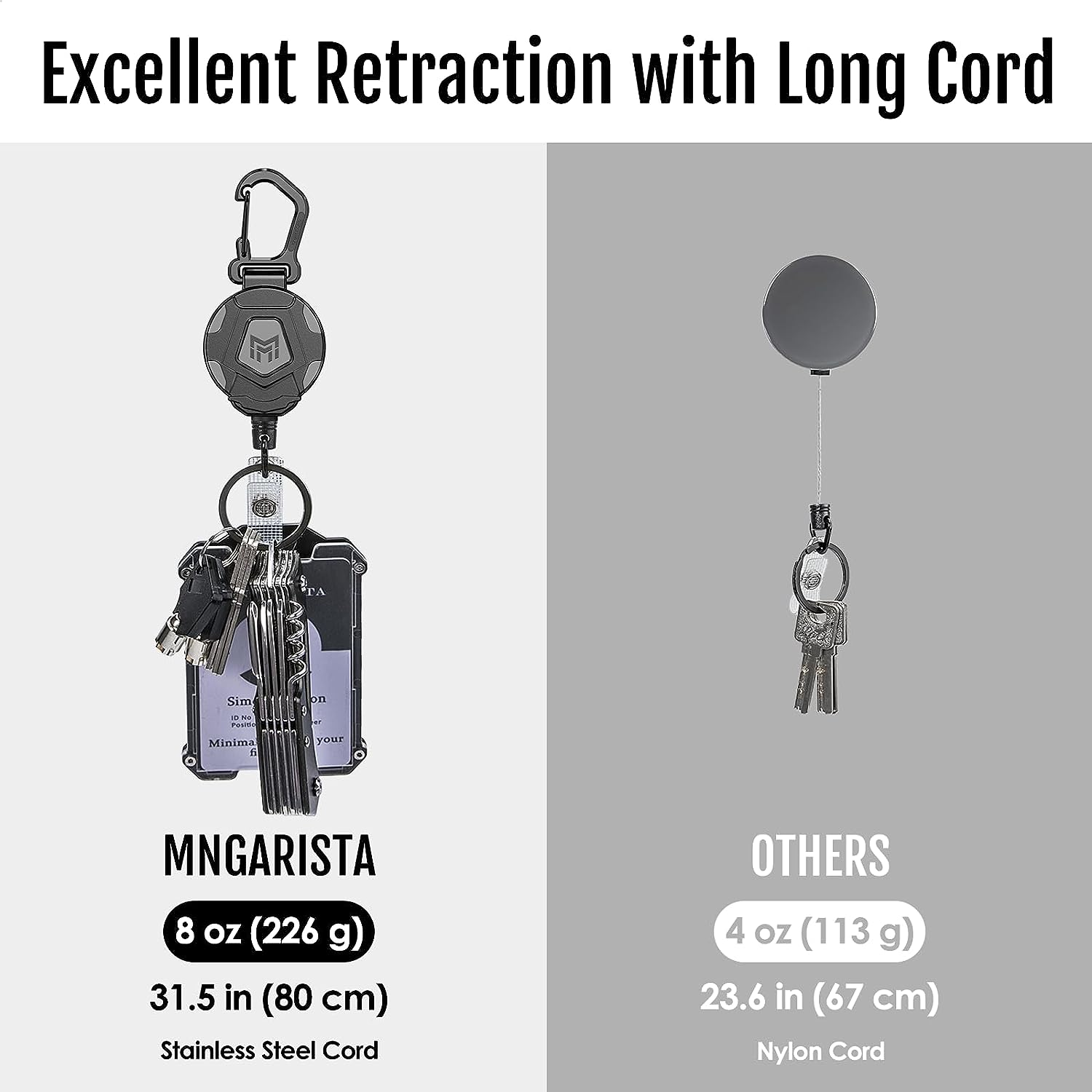 MNGARISTA 2 Pack Retractable Key Chain, Heavy Duty Carabiner Badge Holder, Tactical ID Badge Reel with Retractable 31.5 Inch Steel Cord, 8 Oz image number 3