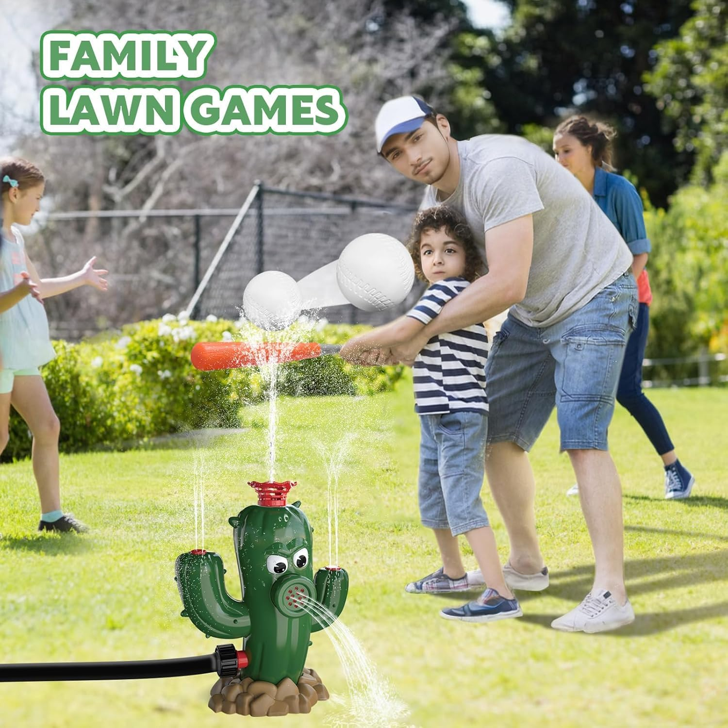 2 in 1 Water Baseball Cactus Toy, Outdoor Water Toys for Kids Ages 3 4 5 6 7 8, Summer Outdoor Backyard Lawn Games, Practice Baseballs, Attaches to Garden Hose, Boys Girls Gift