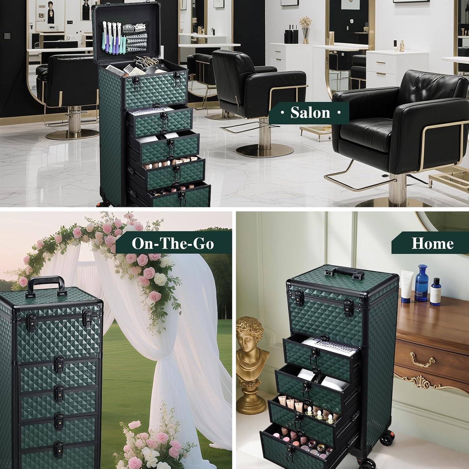 Yueieoun Nail Salon Cart with 4 Drawers,Rolling Makeup Train Case for Beauty,Cosmetology Case on Wheels Trolley Cart,Lockable Organizer Travel Case for Manicure/Face Painting/Hairstylist,Dark GREEN image number 4