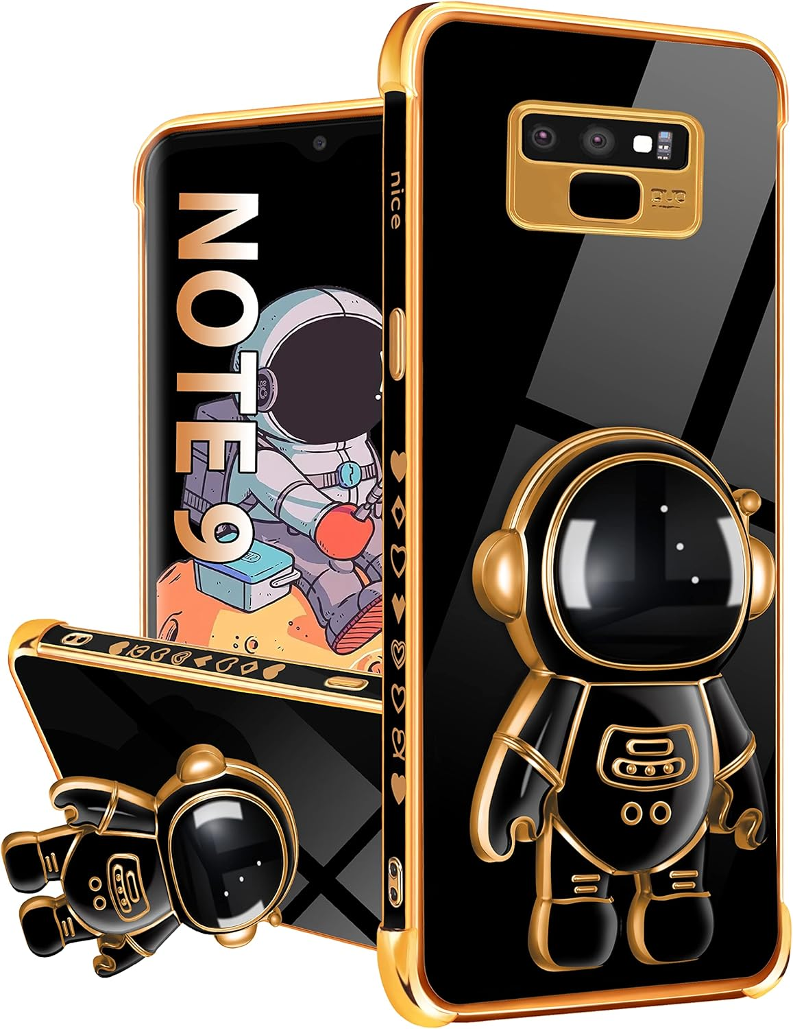 Lotadilo for Samsung Galaxy Note 9 Case, Galaxy Note 9 Cases with Astronaut Stand for Women Girls, Girly Cute Spaceman Love Heart Gold Plating 6D Phone Cover with Kickstand for Note 9 6.4 Inch (Black) image number 5