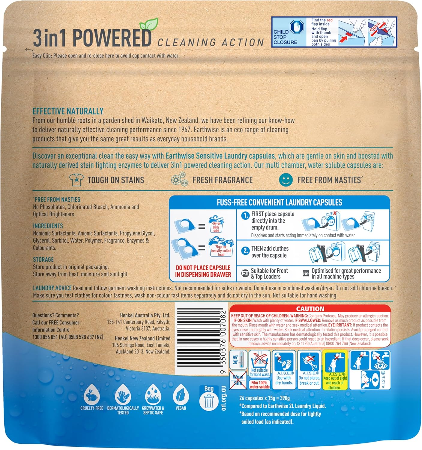 Earthwise Sensitive Laundry Washing Detergent Capsules, 26 Pack, 26 Washloads, Suitable for Front & Top Loader, Dermatologically Tested, 3In1 Powered Cleaning Action with Naturally Derived Enzymes image number 6