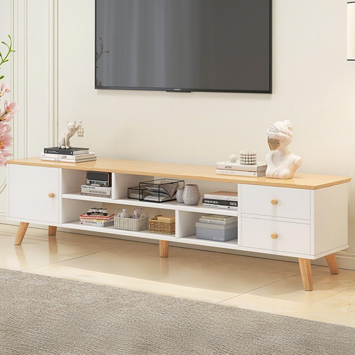 Uandhome Modern TV Cabinet,Wooden TV Entertainment Media Center Console Table with Drawers and Doors and Open Storage Shelf, Multifunctional TV Stand/Unit for Living Room,Bedroom (Wood 140*30*38Cm) - Log image number 2